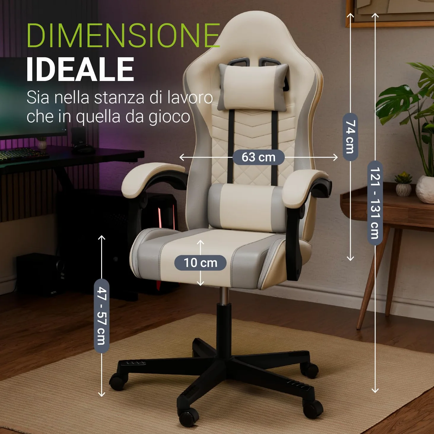 Juskys Sedia da gaming HyperSeat – Regolabile in altezza, schienale reclinabile e braccioli imbottiti, similpelle, ergonomica e resistente – Beige/grigio chiaro