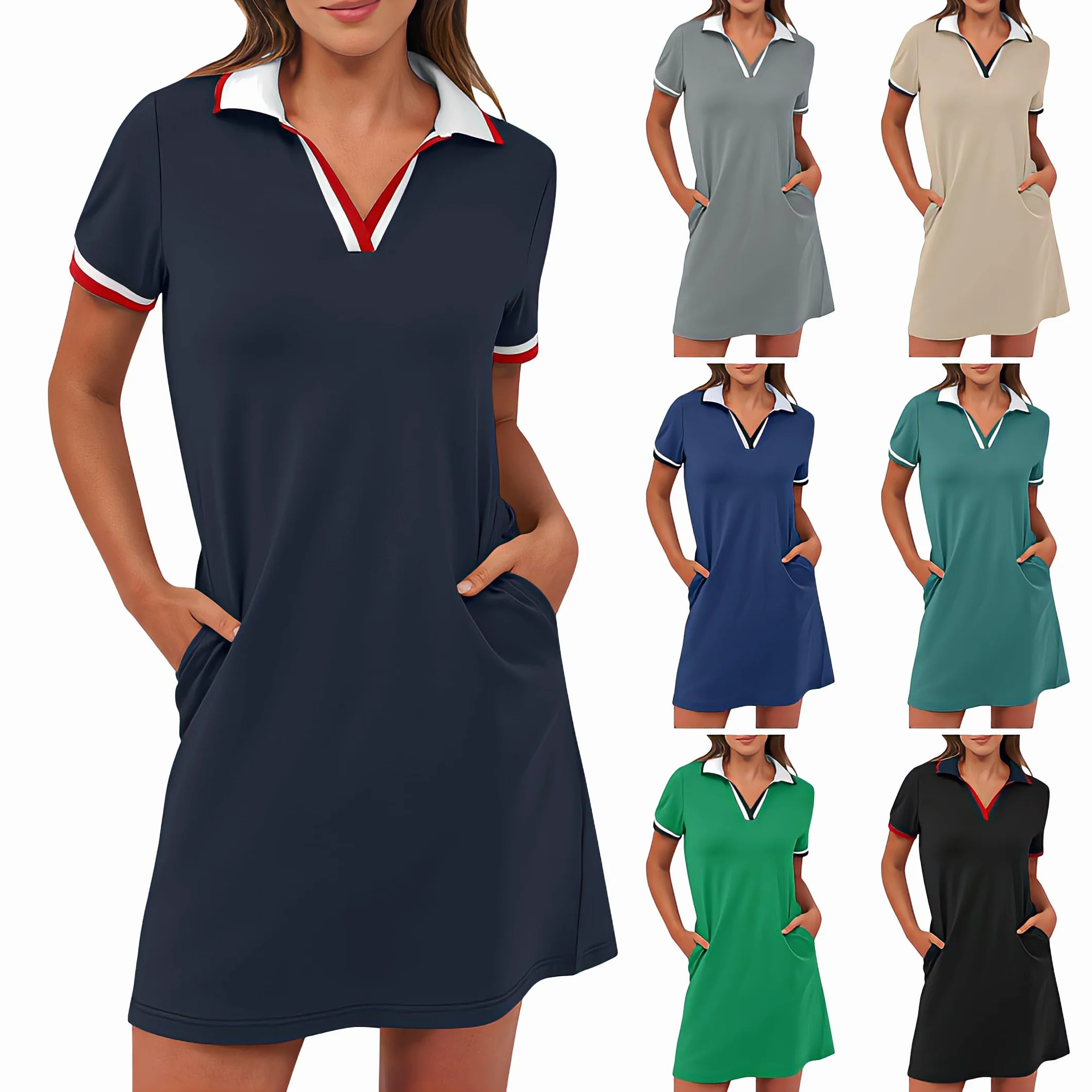 Polo da donna, a maniche corte, per il tempo libero, lunghezza al ginocchio, per lo sport, estivo, estivo, per il golf, per il tempo libero, con tasche