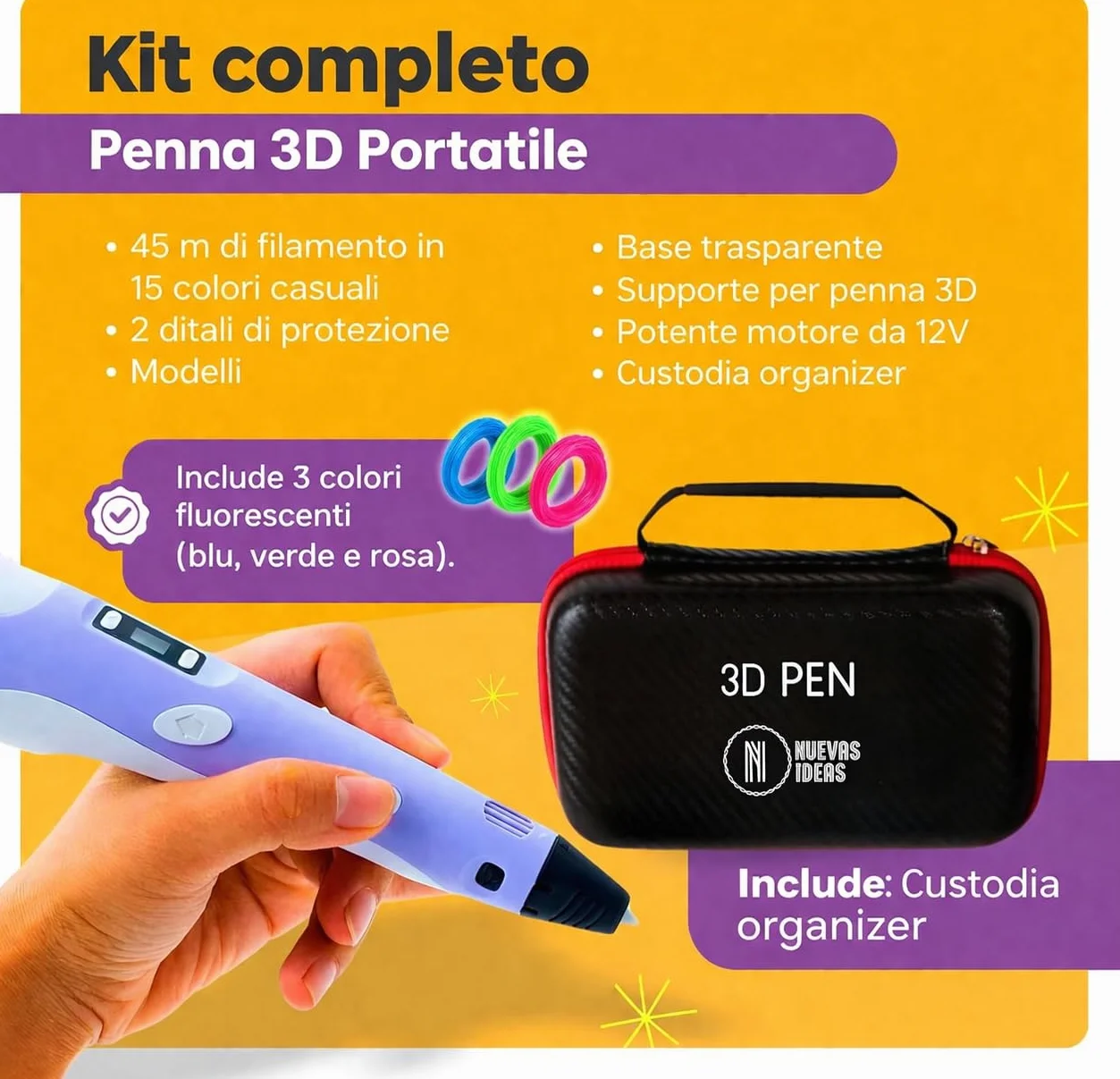 Penna 3D di Precisione con 45m Filamento PLA 15 Colori, Velocità Regolabile per Modellazione 3D e Fai-da-te