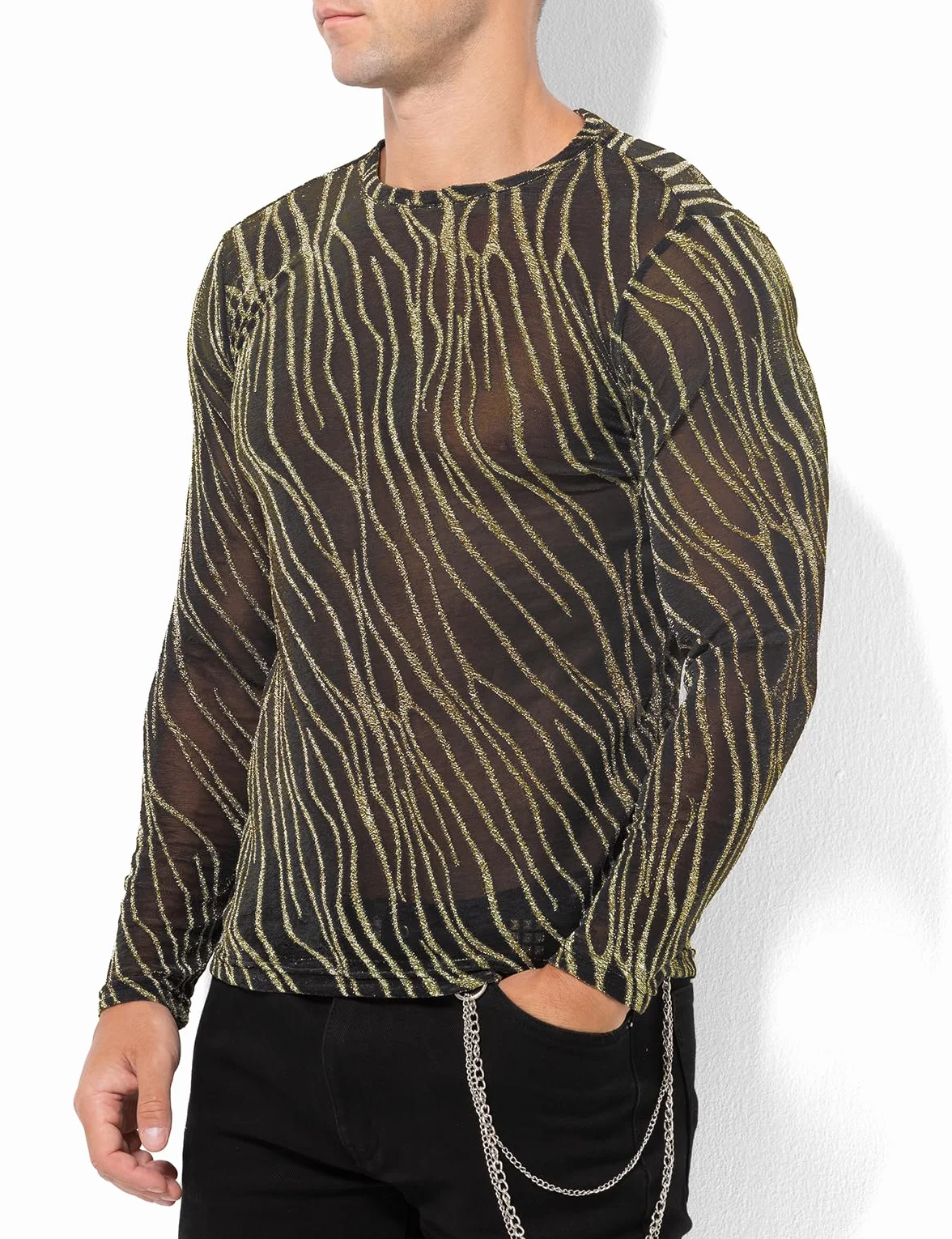 Casey Kevin Maglia Rete Uomo Manica Lunga Glitter Trasparente Sexy Camicia Body Maglietta Paillettes Discoteca Abbigliamento Mesh Shirt Fishnet Trasparenti Vedere Attraverso Tops Clubwear Party Night