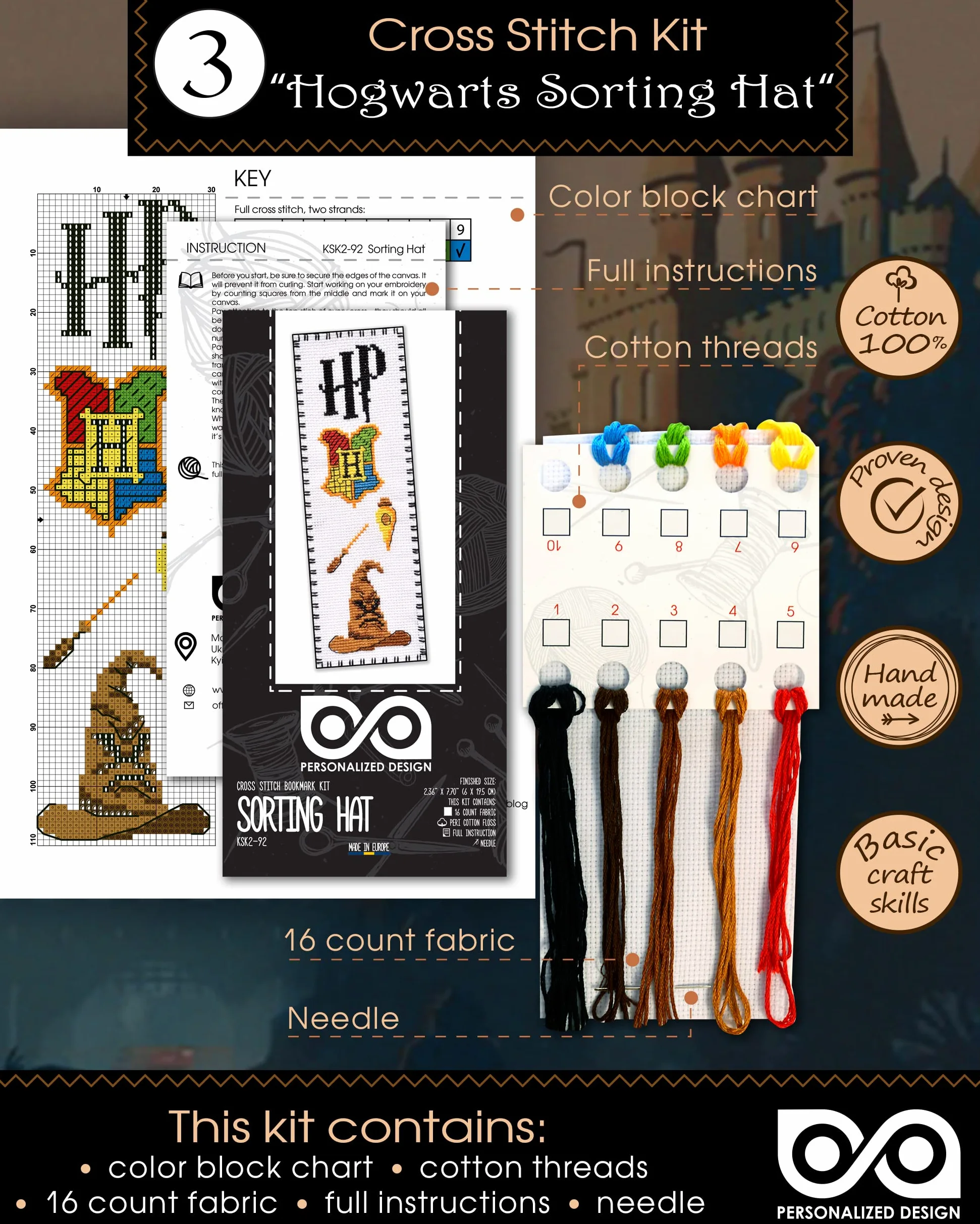 Personalized.Design Kit punto croce contato Magic World of Wizards – Segnalibri 7 in 1 fai da te ricamati a mano