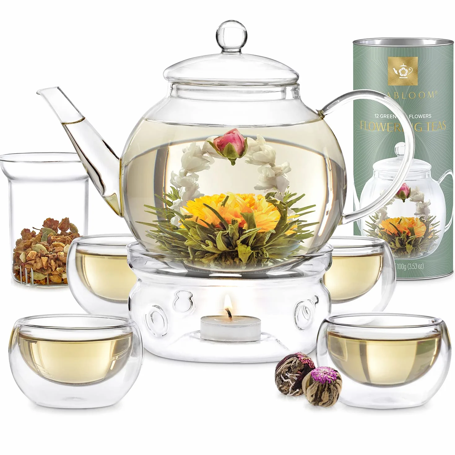 Teabloom Set Completo Fiori di Tè: Teiera in Vetro Borosilicato, 12 Fiori, Riscalda Teiera, 4 Tazze Vetro Doppio Strato, Infusore Tè