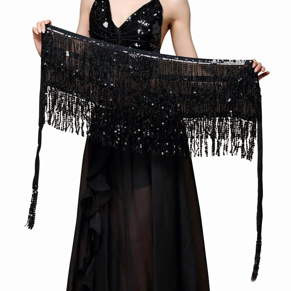 OFFCUP Falda de Danza del Vientre para Mujer, Falda Flecos Mujer Falda Carnaval, Falda con Borlas de Lentejuelas para, Vestido con Falda de Flecos Rave