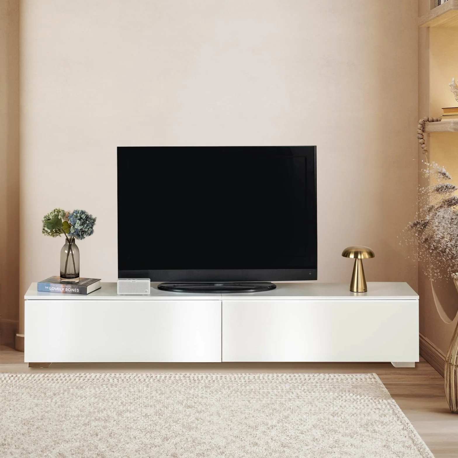 Mobile TV Bianco, 180x33x30cm, con Luce Led, con 2 Vani Portaoggetti, Mobile TV Sospeso per Soggiorno, Camera da Letto, Bianco