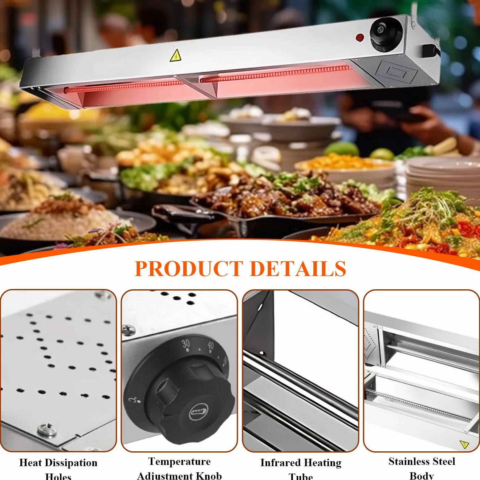 Lampada Riscaldante per Alimenti, Lampada Riscaldante Cucina con 30-80℃ Temperatura Regolabile, Lampada Scaldavivande Ristorante per Ristoranti, Hotel a Buffet (1 Pezzo,150cm)