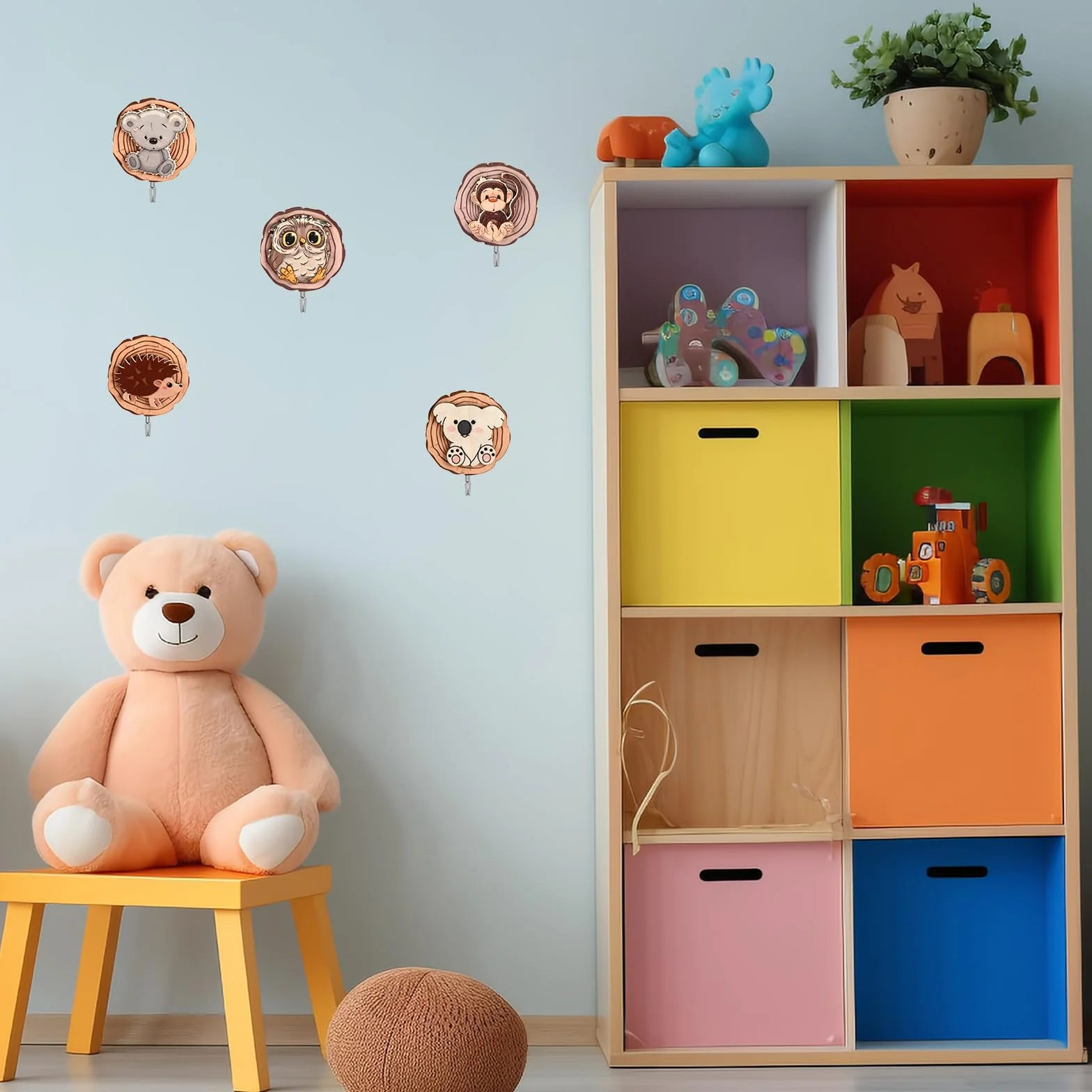 Ganci Autoadesivi per Bambini a Forma di Animale, 8 Pezzi, Ganci in Legno per Asciugamani e Cappelli