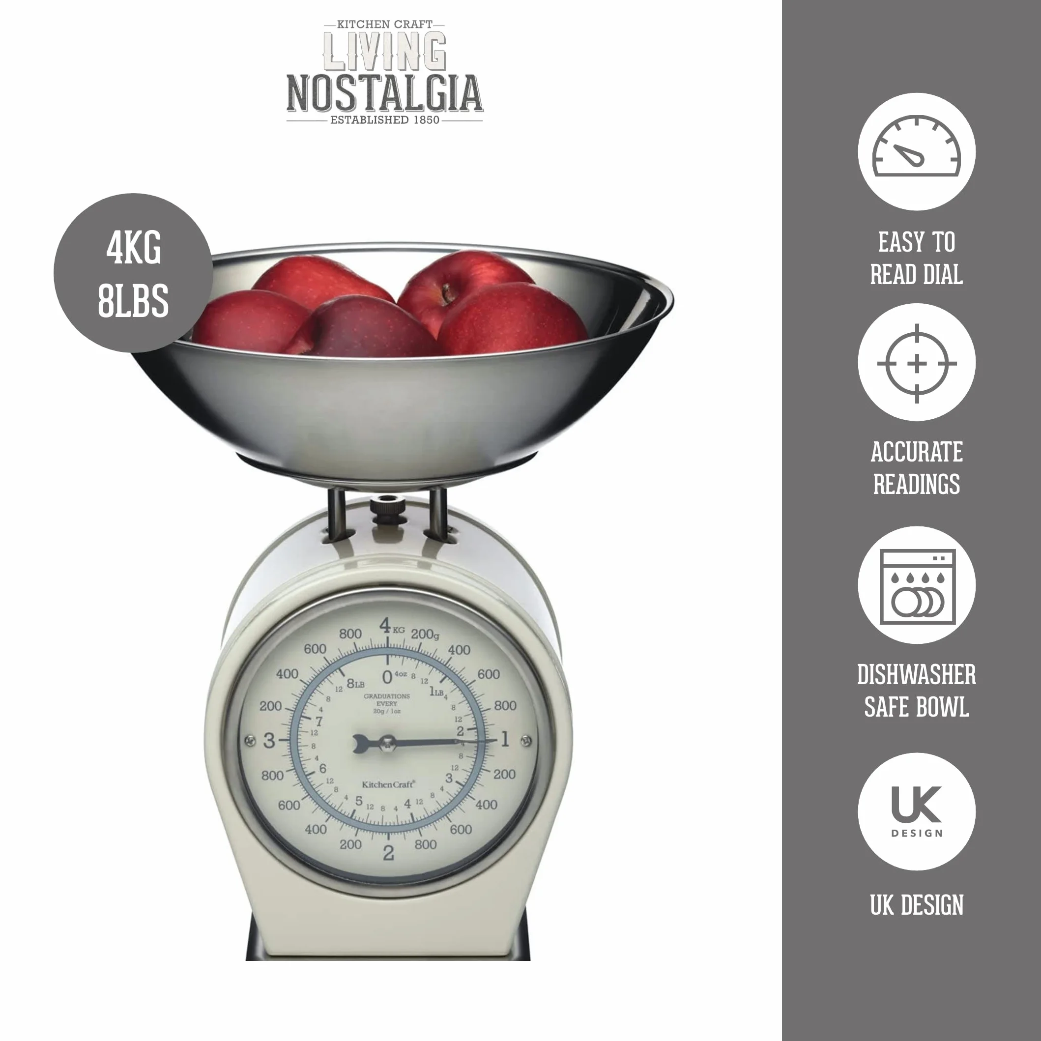 KitchenCraft Living Nostalgia Bilancia da Cucina Meccanica Analogica 4 kg Crema Antico