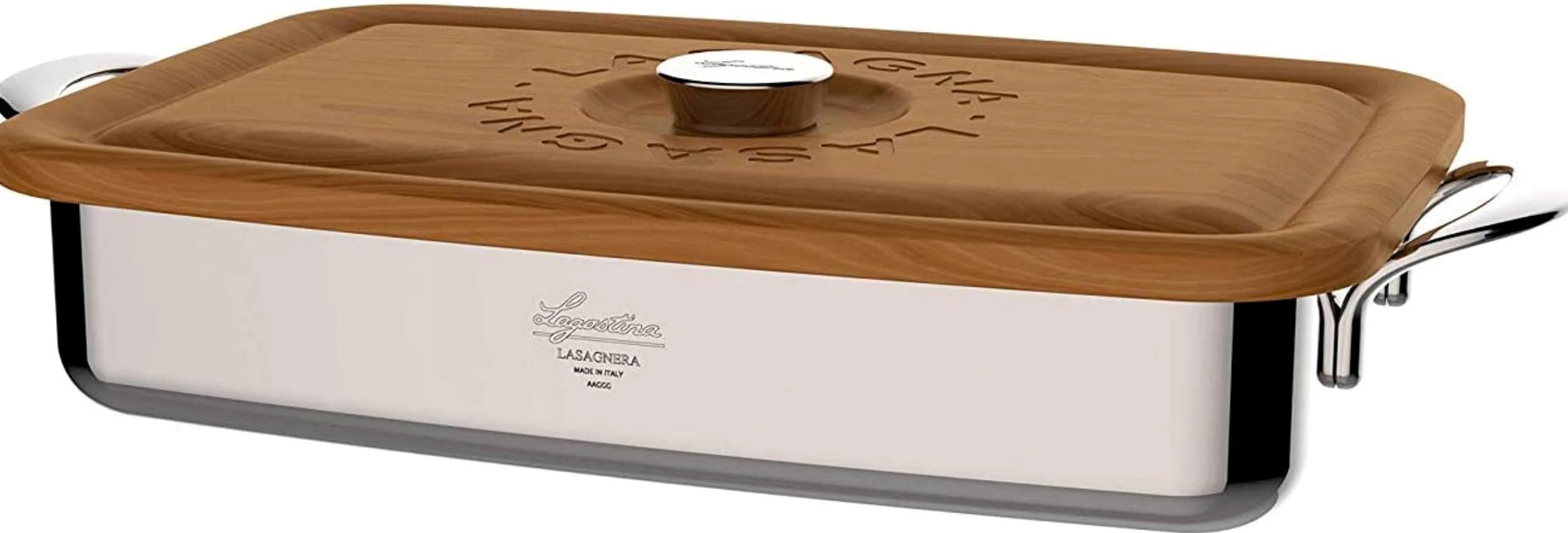 Lagostina Patrimonio Lasagnera per Forno con Coperchio di Legno di Ciliegio, Acciaio Inox e Legno, 22x35 cm