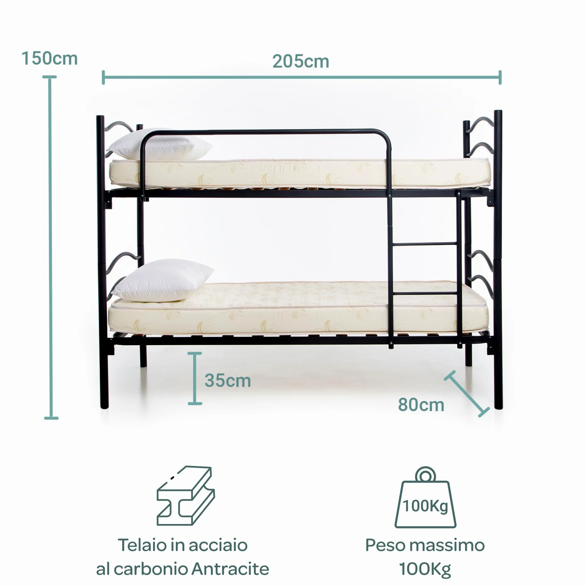 DOLCI SOGNI Letto a Castello per Adulti e Bambini Scomponibile in 2 Letti Singoli (Struttura + Materasso E Cuscino Nero)