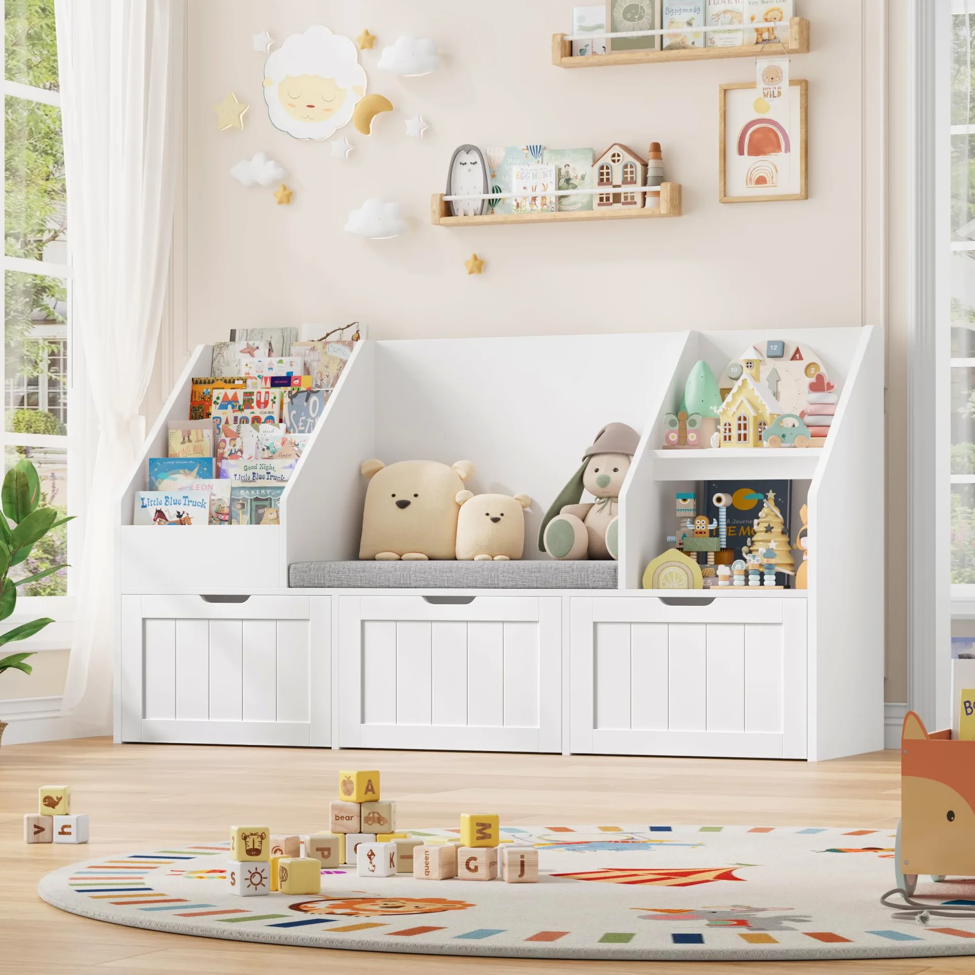 FOREHILL Libreria Montessoriana per Bambini, Porta Giochi Bambini con Cuscini, Libreria Panca a 4 Ripiani, Mobile Porta Giochi a 3 Cassetti con Ruote, per Cameretta, Studio, 140x39.5x80 cm (Bianco)