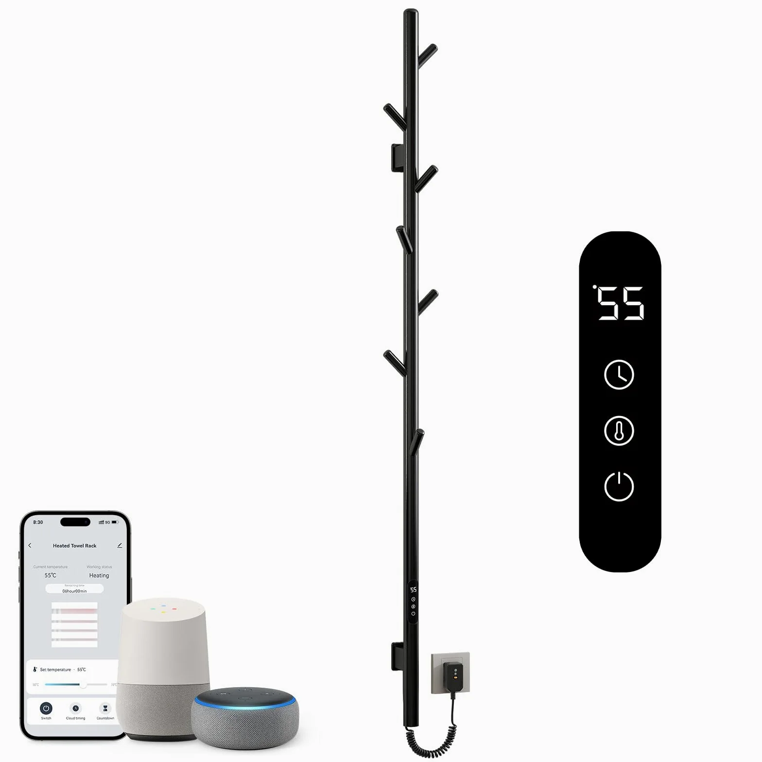 Termoarredo Elettrico, Scaldasalviette Elettrico WiFi Nero, 95W, 1500x125mm, Termosifone da Parete, per Alexa e Google Home e App, Risparmio Energetico, Impermeabile IPX5-G03 WiFi Black