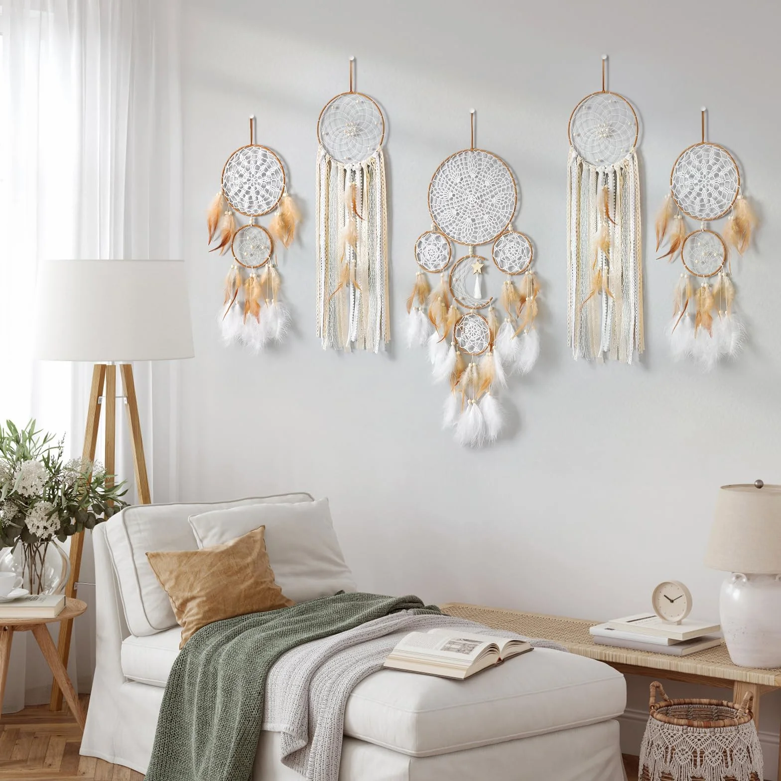 Set di 5 acchiappasogni motivo luna e sole bohémien fatti a mano per parete decorazione camera da letto