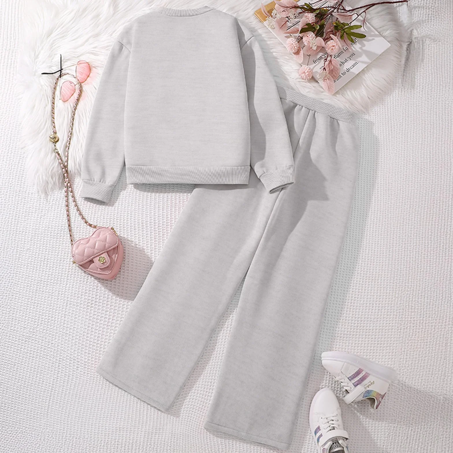 Kunyeah 2 pezzi felpa da ragazza con stampa a cuore pullover tuta in pile a maniche lunghe vestiti pantaloni set per età 8-12 anni
