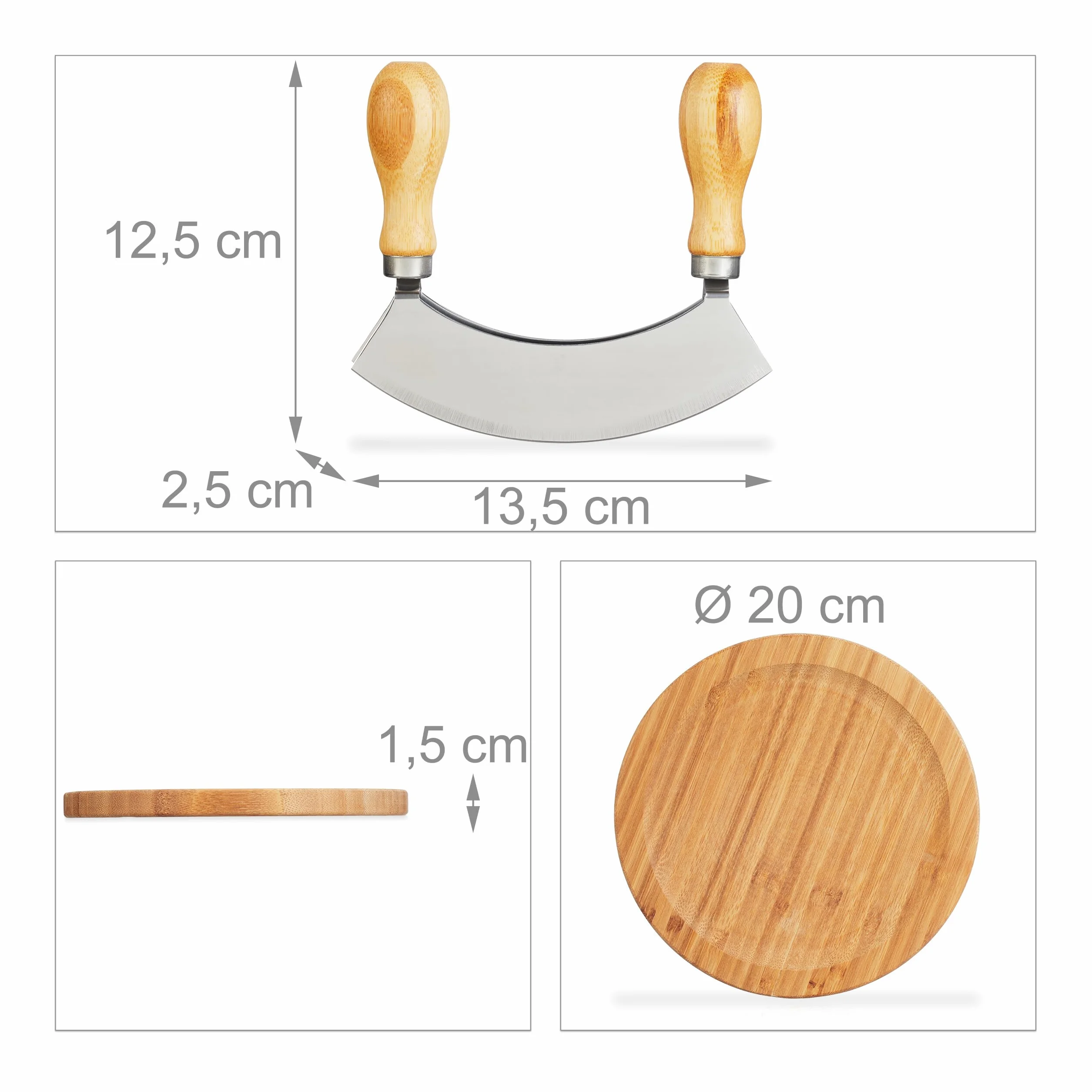 Relaxdays Mezzaluna con Tagliere Ø 20cm, Coltello a Doppia Lama Trita Erbe, in Acciaio Inox e bambù, Naturale Argentato
