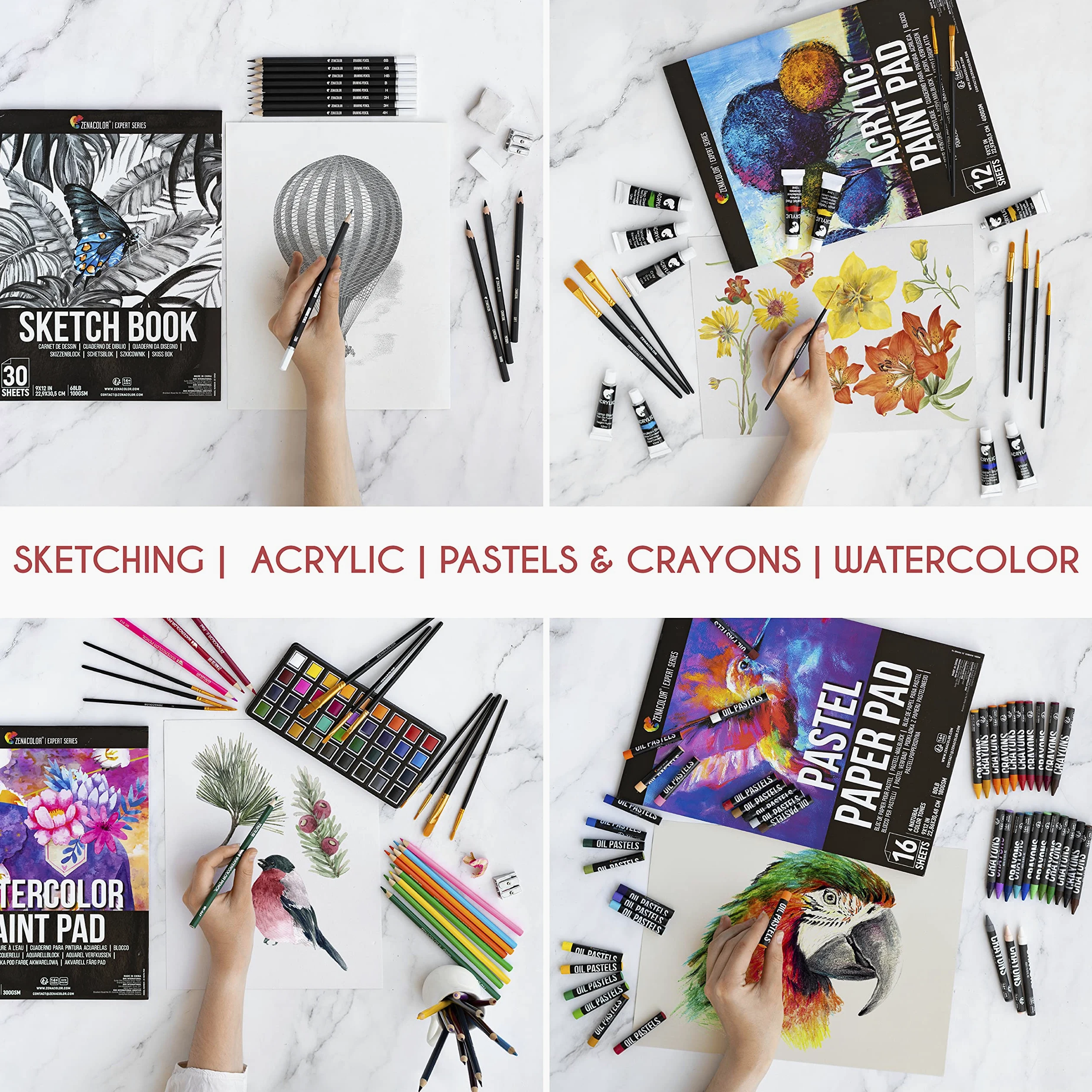 Valigetta Professionale Zeanacolor (XXL) - 150 Pezzi per Disegno e Pittura - Set in Legno di Qualità - Pastelli, Colori Acrilici, a Cera e ad Acqua, Matite