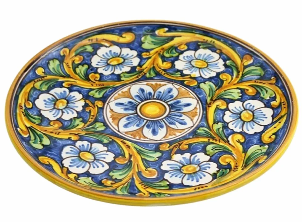 Piatto grande in ceramica siciliana blu giallo verde rosso di santo stefano di camastra decorata a mano barocco Art 12
