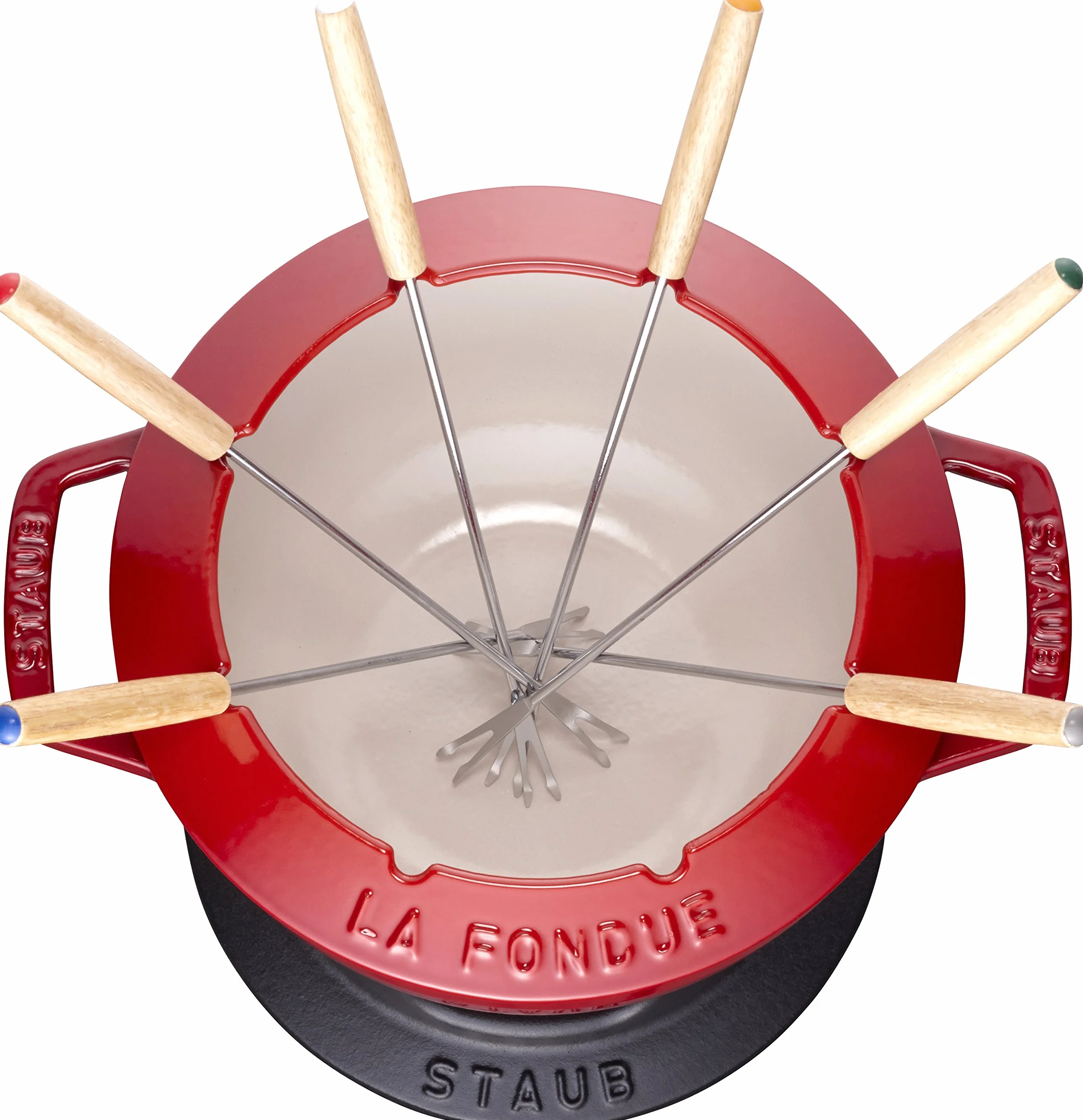 STAUB Set Fonduta con 6 Forchette, Adatto per Fonduta di Formaggio, Cioccolato e Carne, Ciliegia, 18 cm