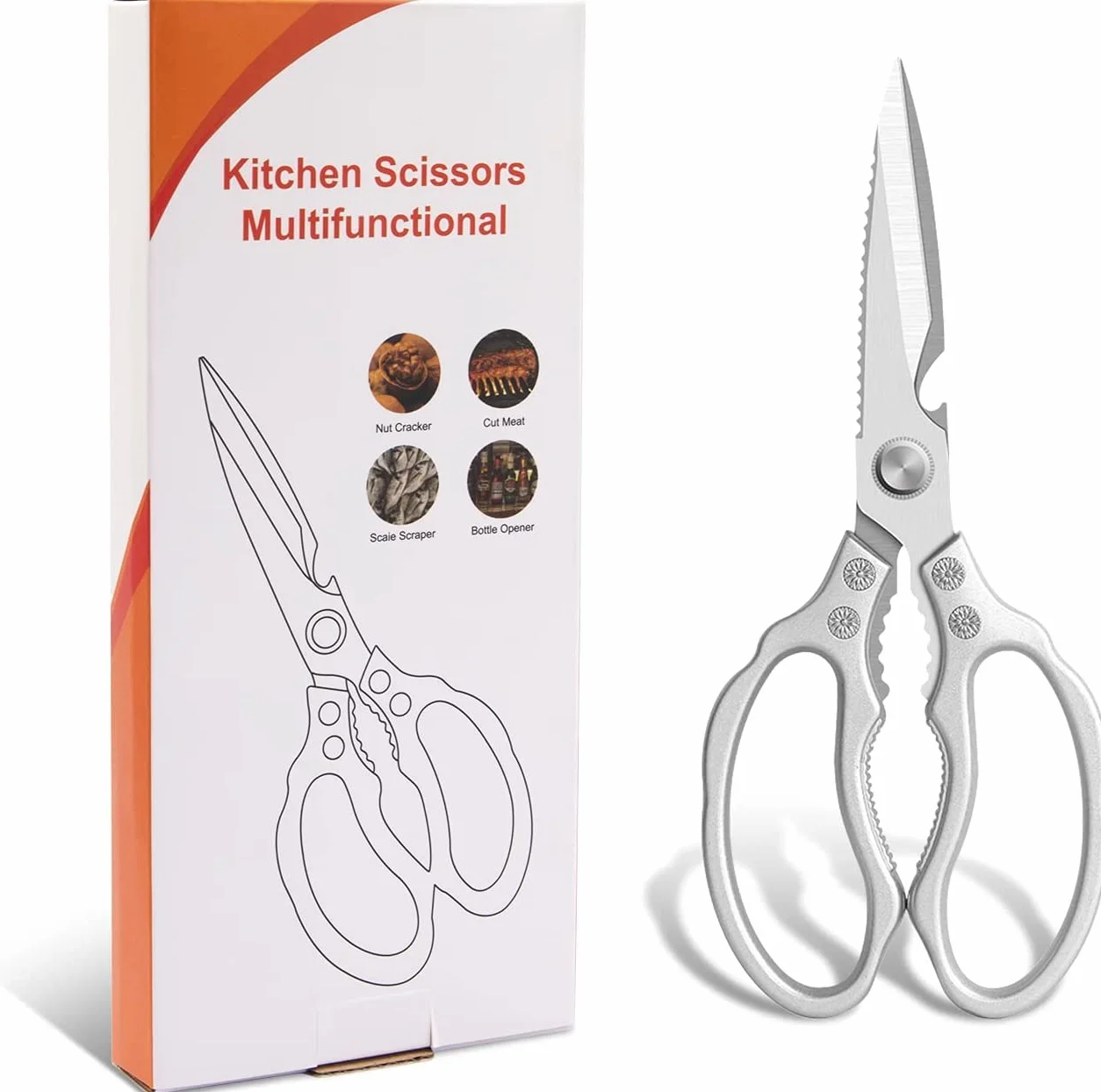 CGBE Forbici da Cucina, Forbice Cucina Resistenti Affilate in Acciaio Inossidabile, Forbici Trinciapollo Professionale Multiuso per Pollame, Pollo, Pesce, Carne, Verdure, Erbe, Argento
