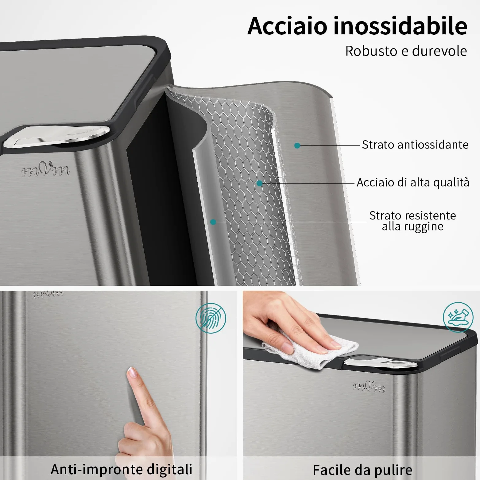 mVm Pattumiera da Cucina a Pressione Manuale 80 L, Cestino della Spazzatura Nero in Acciaio Inossidabile Antimpronte, Chiusura Ammortizzata