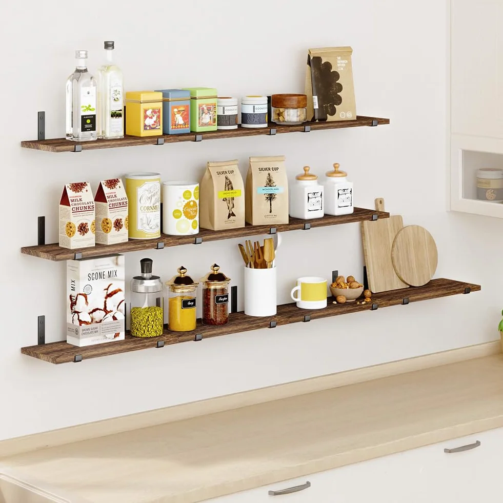 Mensole galleggianti da Parete in Legno 40 x 15 cm, Scaffali a Muro Multiuso con Staffe in Metallo, Set 10, Rovere