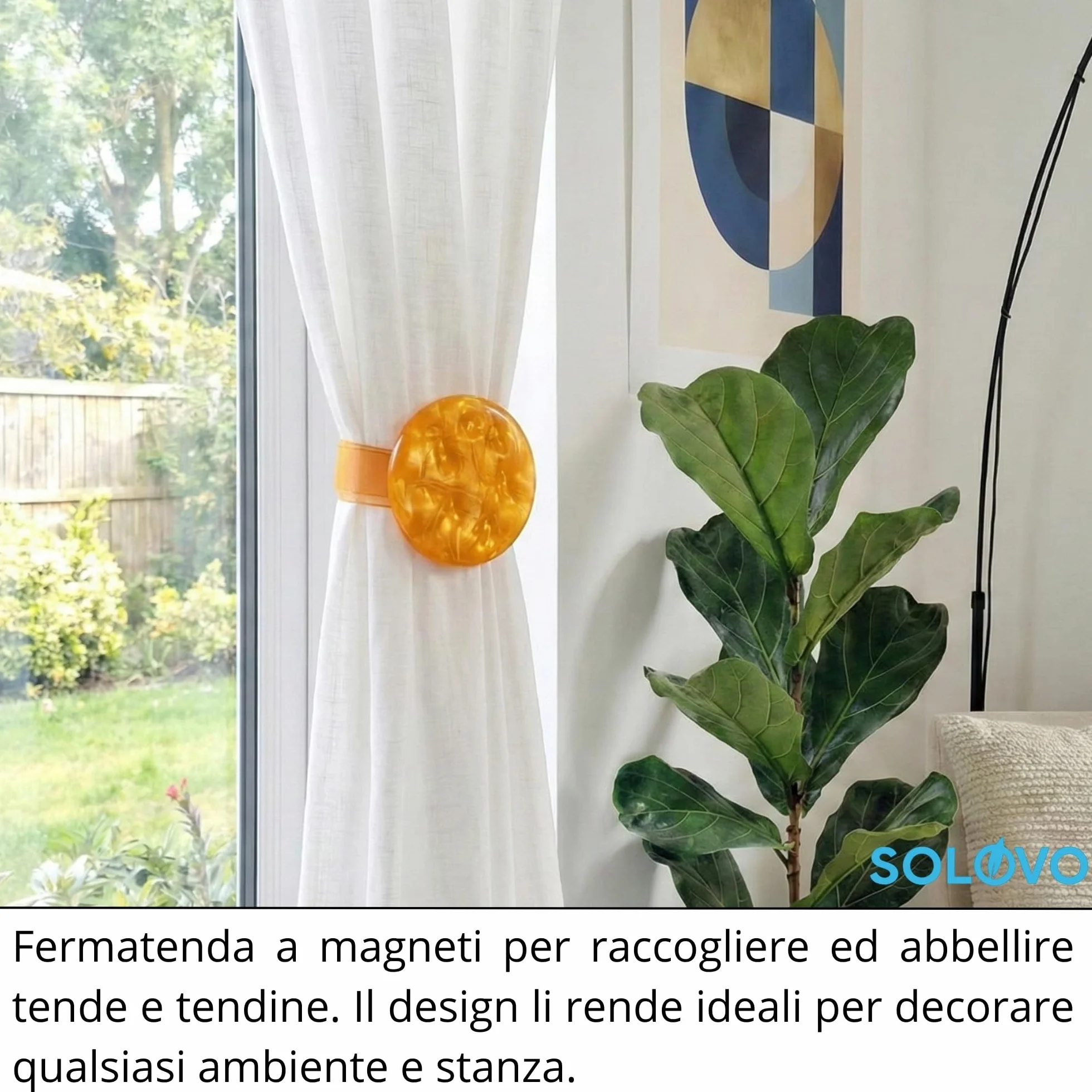 SOLOVO 2 Pezzi Fermatenda Magnetici per Tende, Clip Tenda Effetto Madreperla con Nastro in Organza, Accessori Tende Senza Fori, Arancio