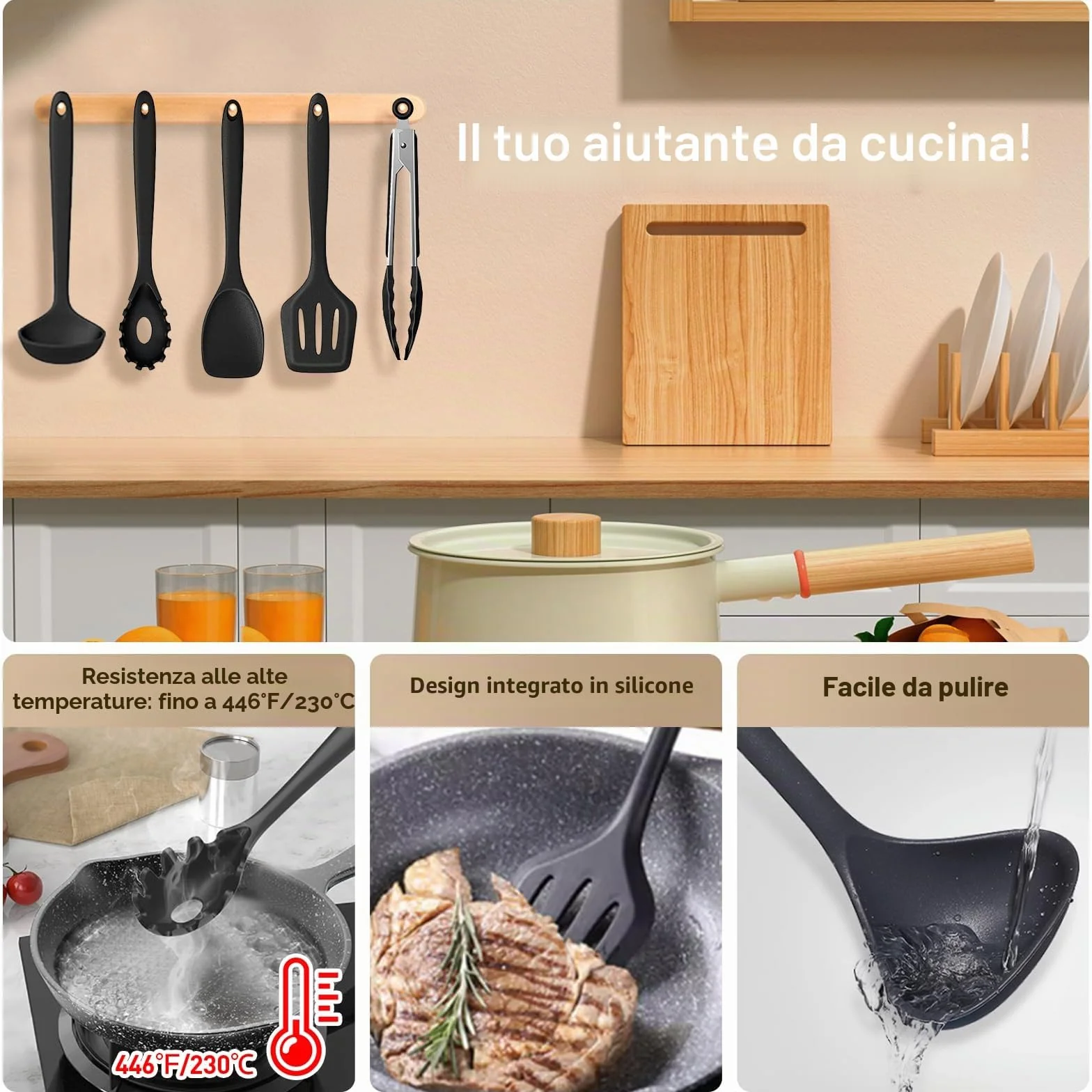 Set 13 Pezzi Utensili Cucina Silicone Antiaderenti Resistente al Calore Lavabile In Lavastoviglie