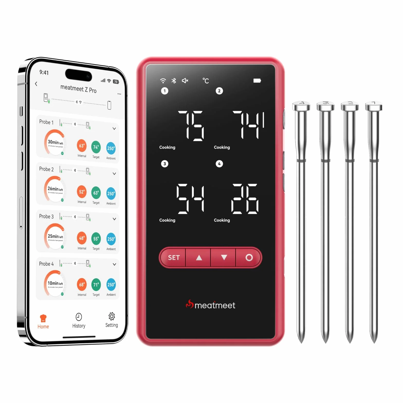 Z Pro Termometro per carne wireless con WiFi e Bluetooth, 4 sonde con 6 sensori, Resistenza a 595°C, Impermeabile IP69, ideale per Forno, BBQ, Grigliate, Affumicatori, forni e cucina