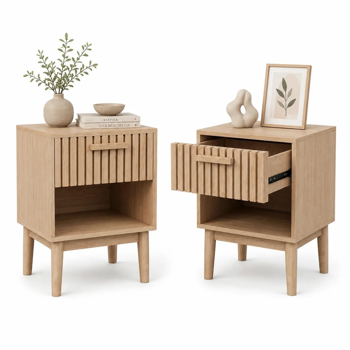 Set di 2 comodini da notte con cassetti e ripiano aperto, tavolino in legno con spazio di archiviazione, comodini moderni in stile boho per camera da letto, soggiorno, 40x35x55cm, colore
