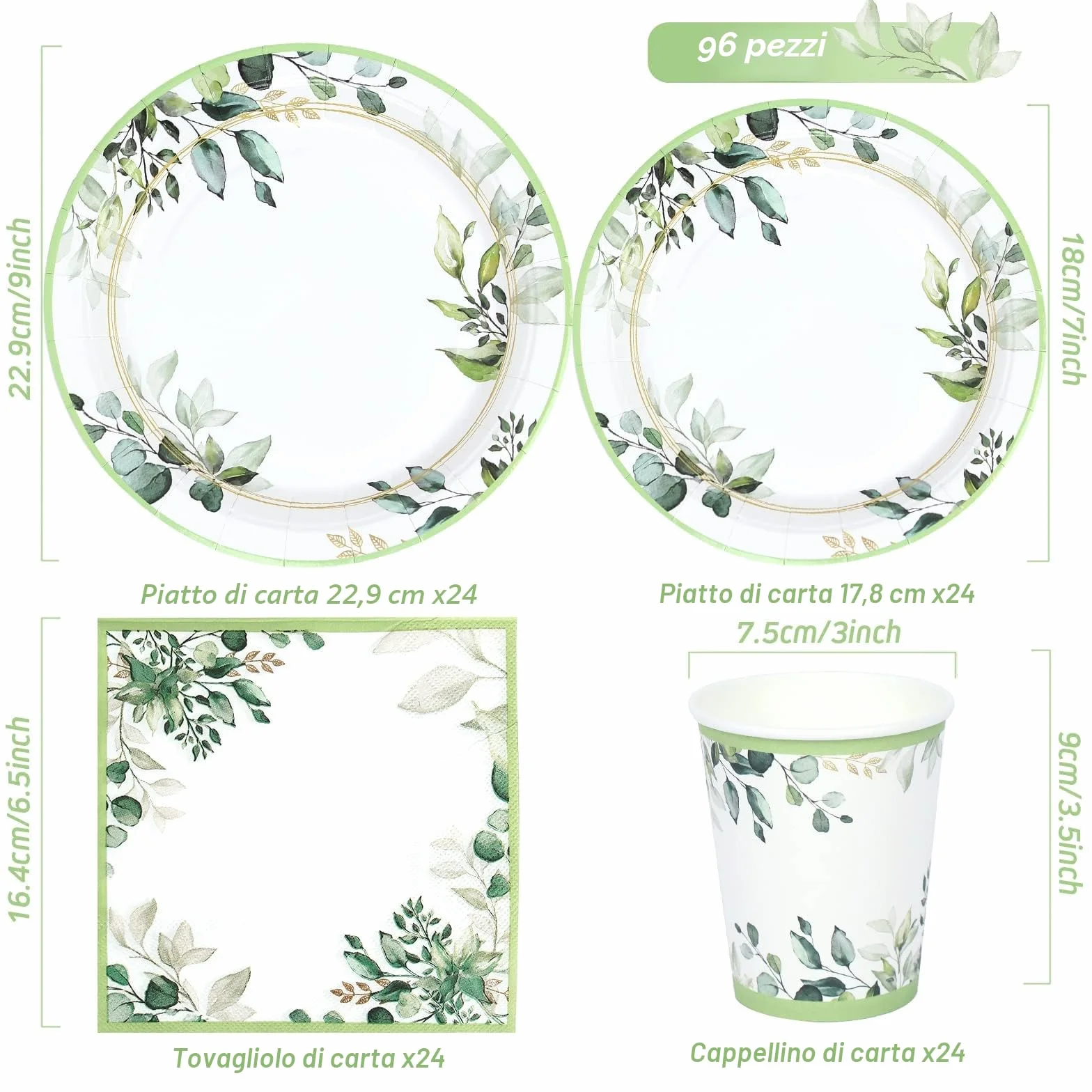 Zestaw stoviglie verde salvia 96 pezzi piatti carta eleganti per feste compleanno matrimonio 24 ospiti
