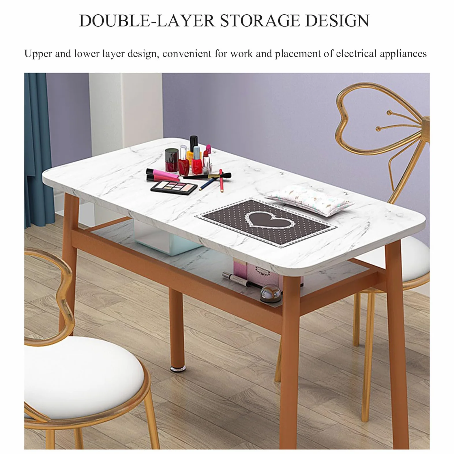 Tavolo da Manicure Professionale, postazione di Lavoro per Tecnici delle Unghie, Tavolo da Trucco in Legno per Salone di Bellezza, Spa, Tavolo da toeletta con,Marble Pattern-80cm 3-Piece Set