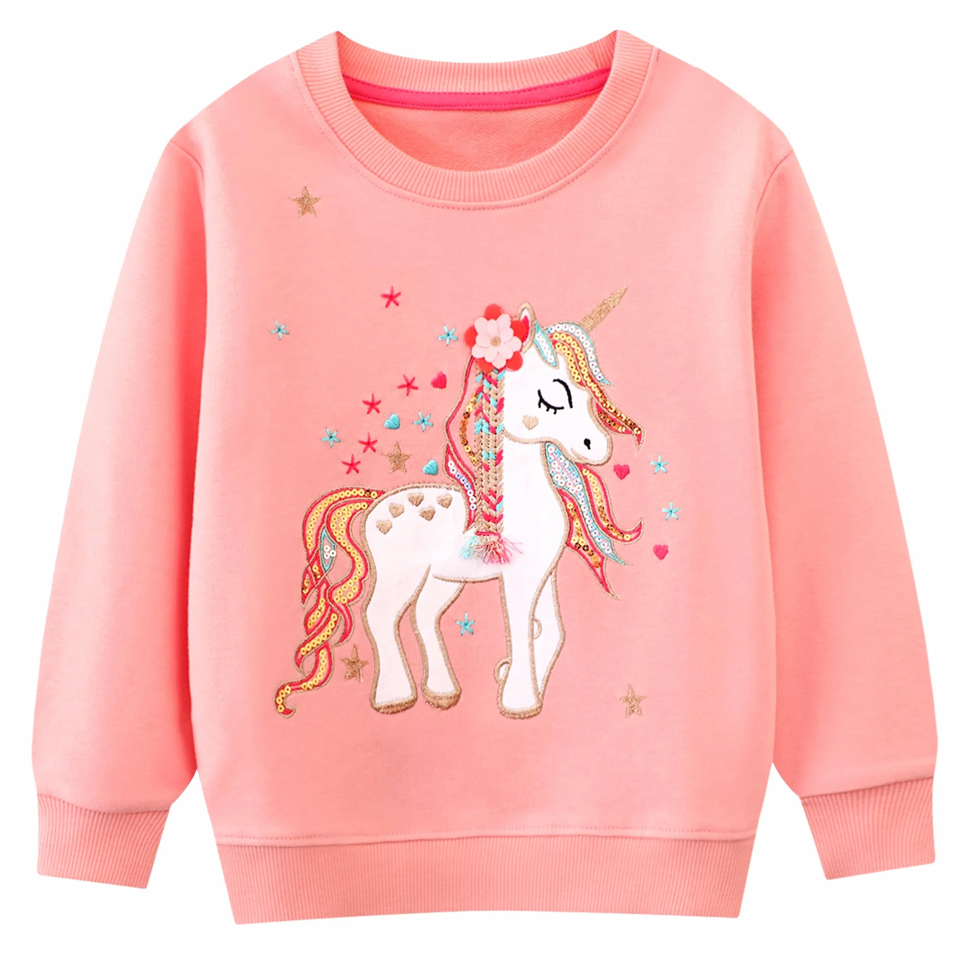 Felpa per Bambina Unicorno Ricamo Cotone Manica Lunga 2-7 Anni Rosa/Gris