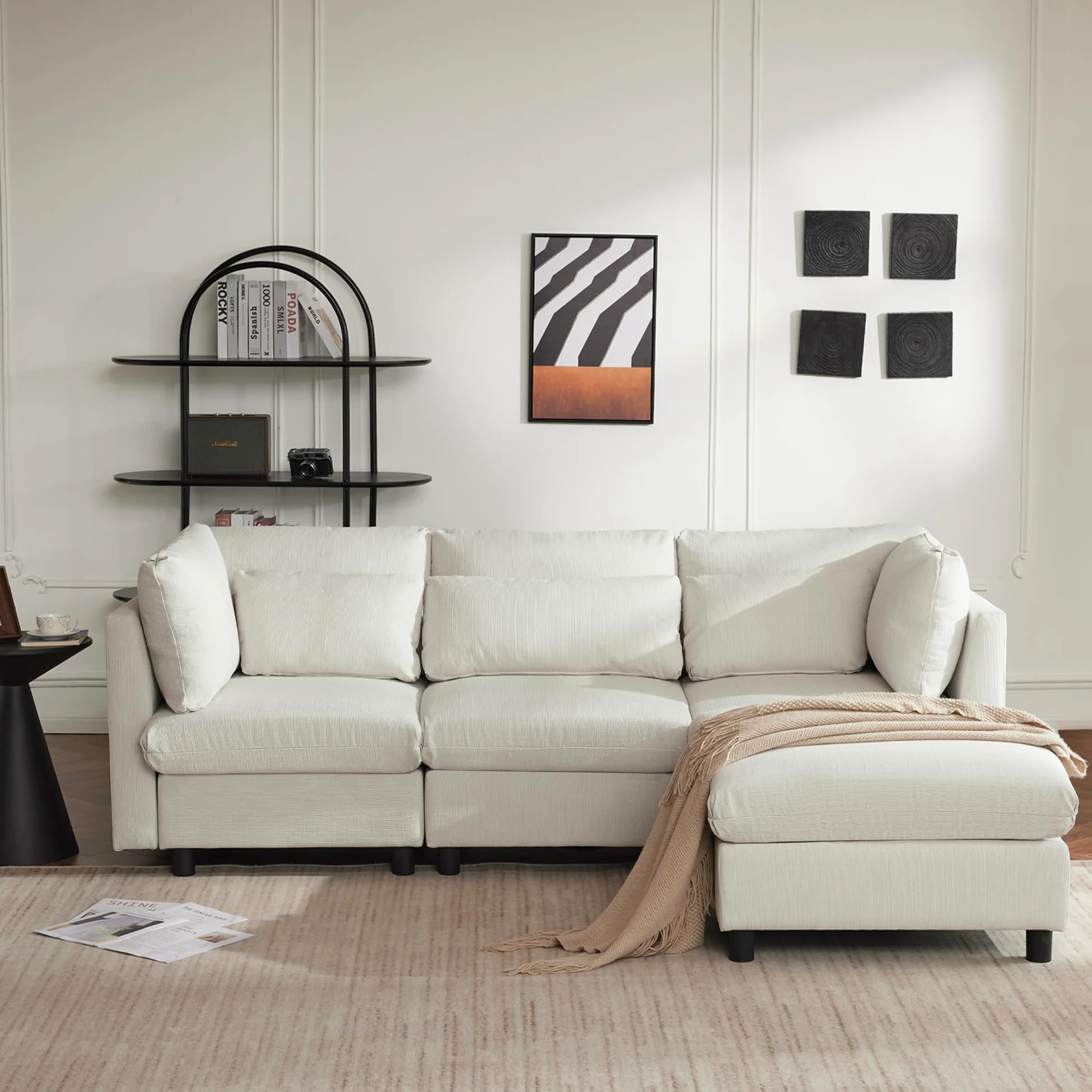 Divano 3 Posti Angolare a L con Poggiapiedi, Divano Soggiorno Salvaspazio (Beige)
