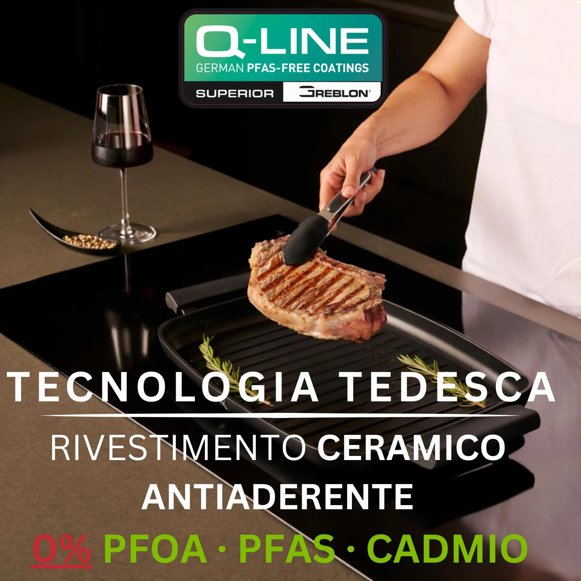 Stone&Stone Bistecchiera Induzione 47 cm Rettangolare, Piastra Grill Antiaderente Ceramico Tedesco, Fondo Acciaio Pieno, Senza PFAS PFOA PTFE