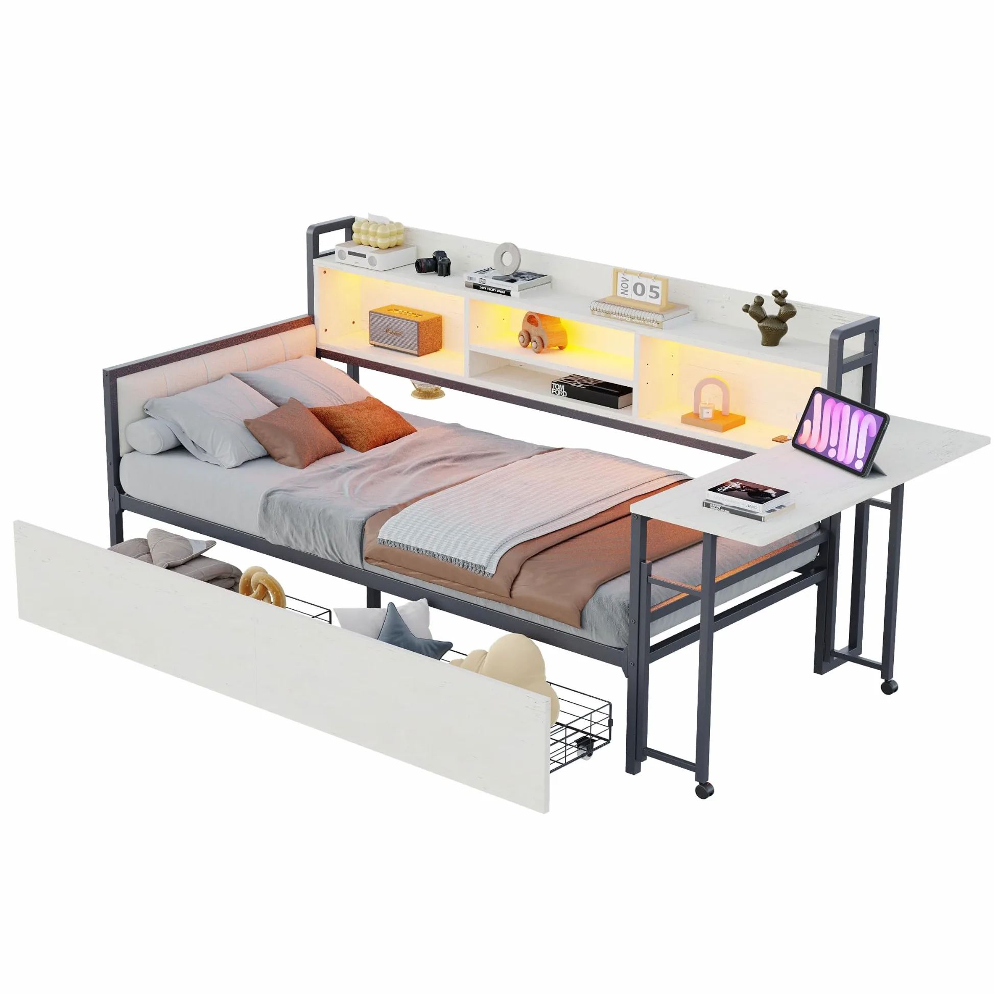 Lcoho Divano letto in ferro 90 x 200 cm, con illuminazione a LED e spazio di archiviazione, con cassetti e presa multifunzionale, scrivania pieghevole, schienale morbido, letto singolo (bianco)