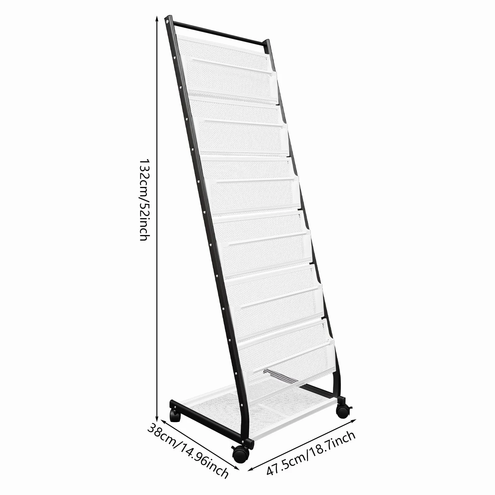 Supporto da pavimento a 6 livelli, 47,5 x 38 x 132 cm, portariviste con ruote, formato A4, in ferro, per caffetterie, ristoranti, uffici
