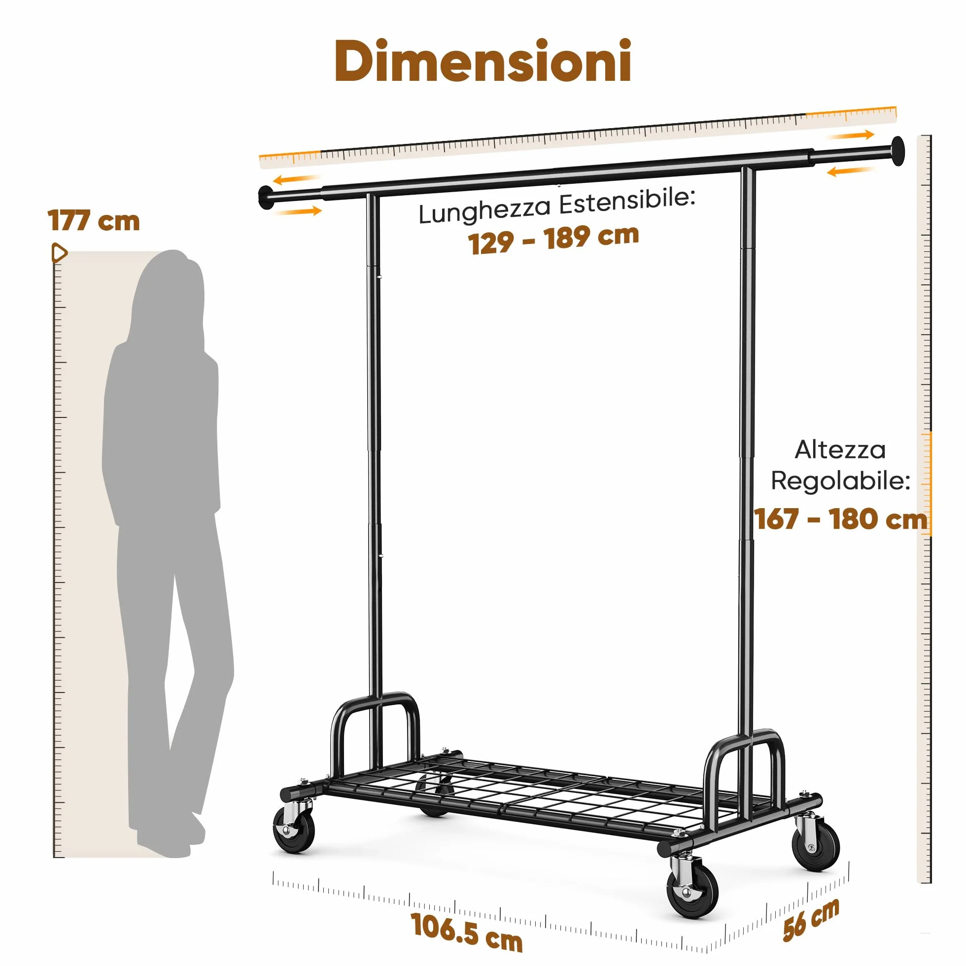 HOKEEPER Appendiabiti da Terra Resistente 238kg, Barra Estensibile con Ruote Bloccabili e Ripiano, Salvaspazio per Camera da Letto, Appartamento, Lavanderia, Nero