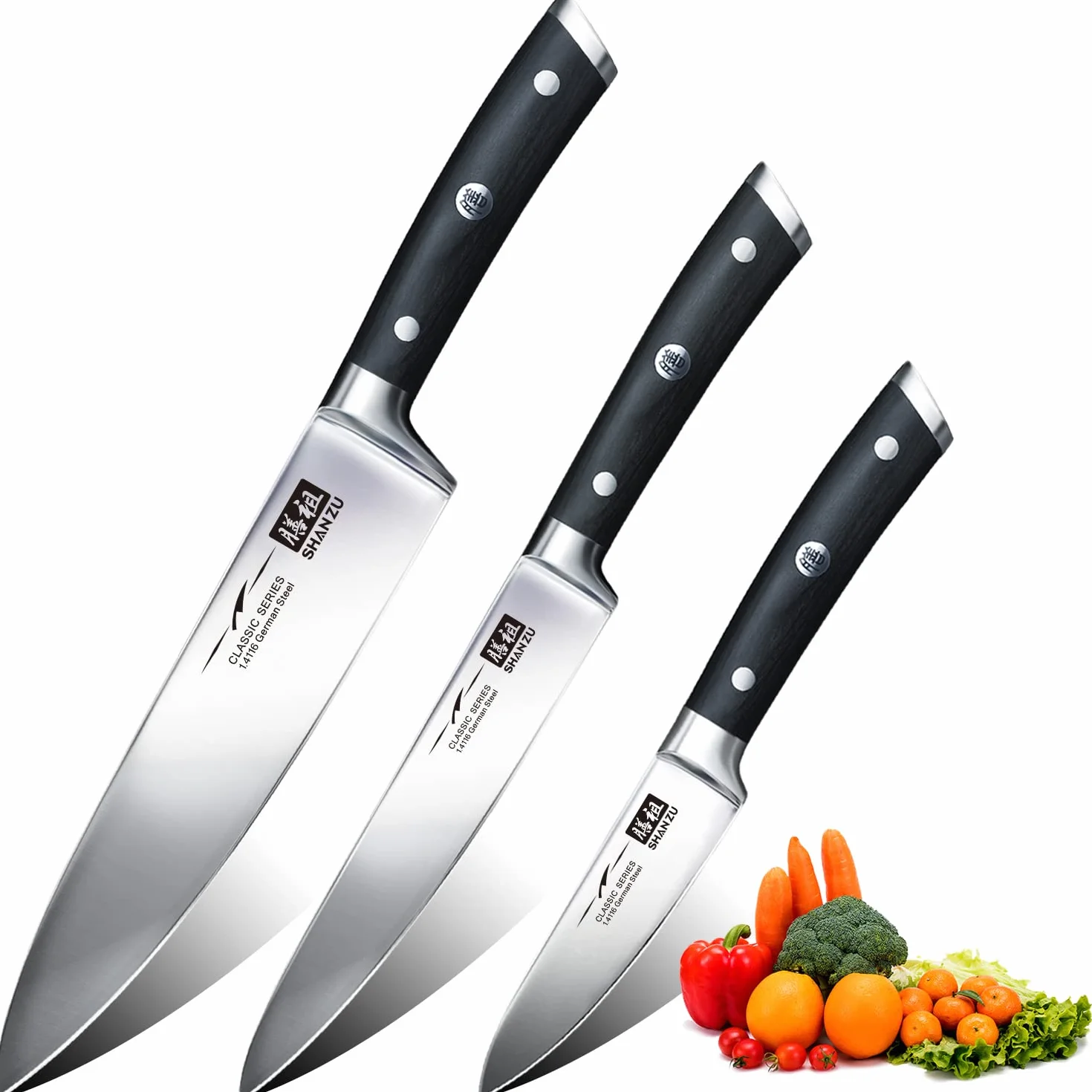 SHAN ZU Set di Coltelli da Cucina 3 Pezzi Acciaio Inox Ultra Affilati 20 cm 15 cm 9,5 cm