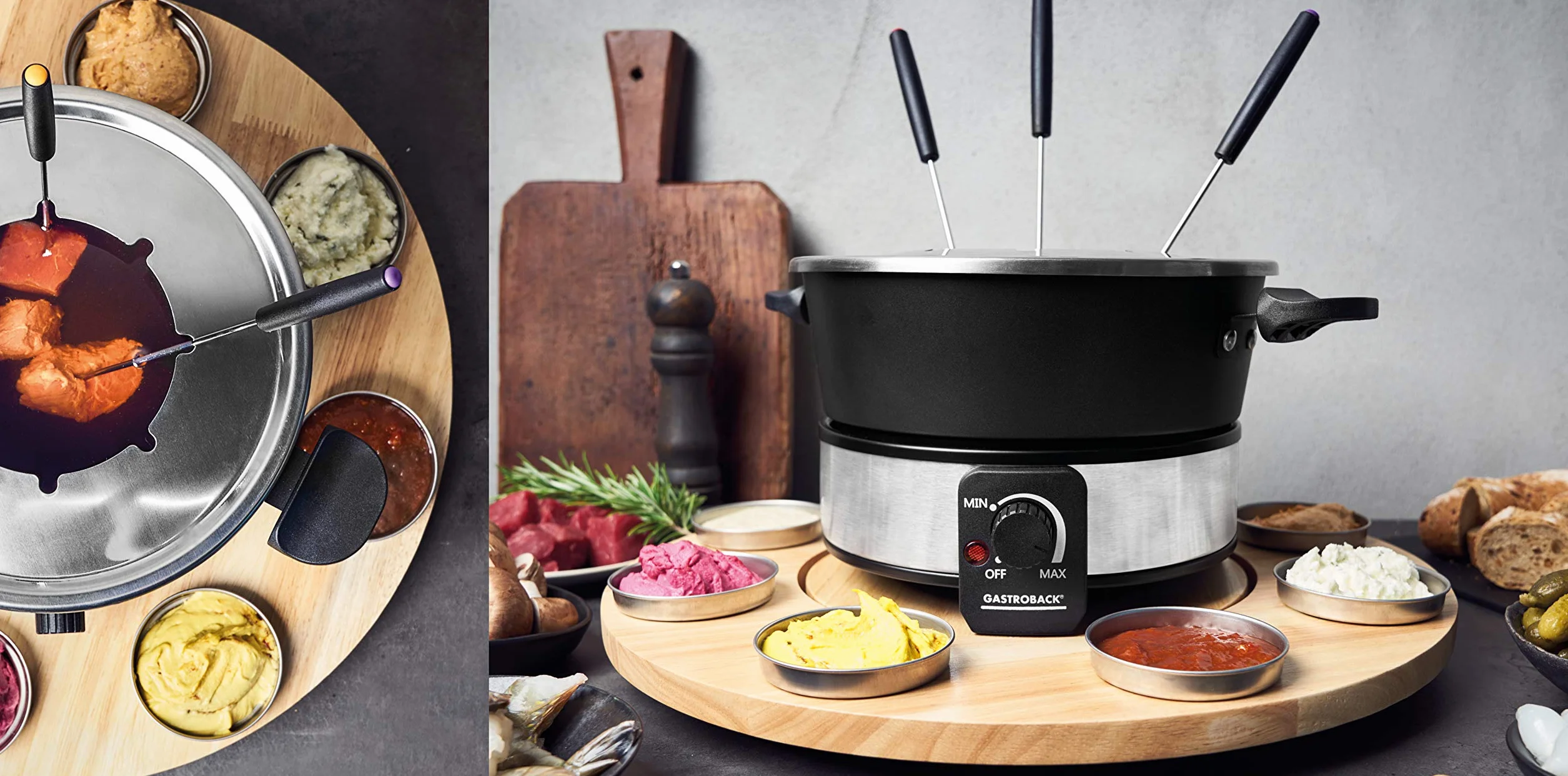 GASTROBACK 42566 - Set per fonduta, pratico piatto girevole con 8 contenitori in acciaio inox, regolabile da 40 °C a 190 °C, 1.000 Watt, 1.000 Watt, 1.000 pentole antiaderenti, colore: Nero/Argento