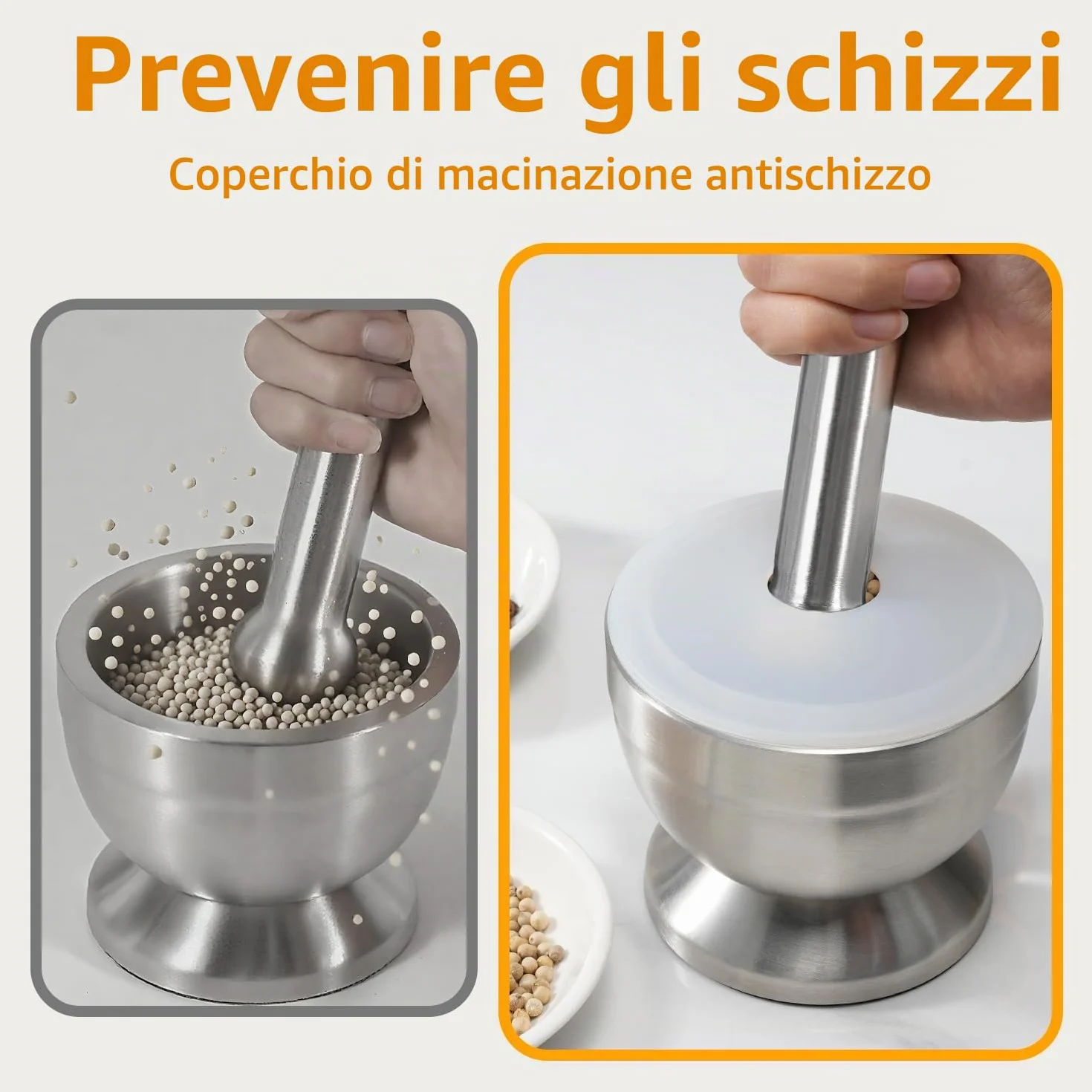 Sopito Mortaio con Pestello in Acciaio Inossidabile 18/8, Set Spezia Macinino Ciotola Erbe
