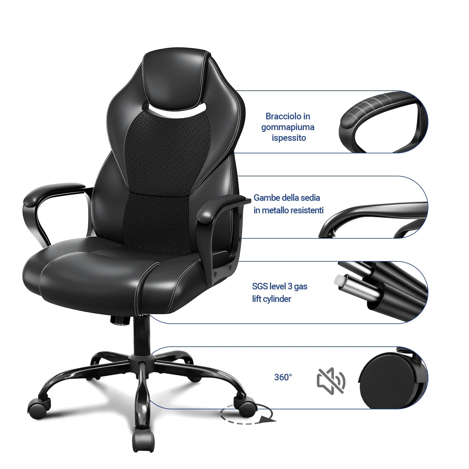BASETBL Sedia da Ufficio Ergonomica con Supporto Lombare, Sedia Scrivania Poltrona Girevole ad Altezza Regolabile per Ufficio e Studio — Nera