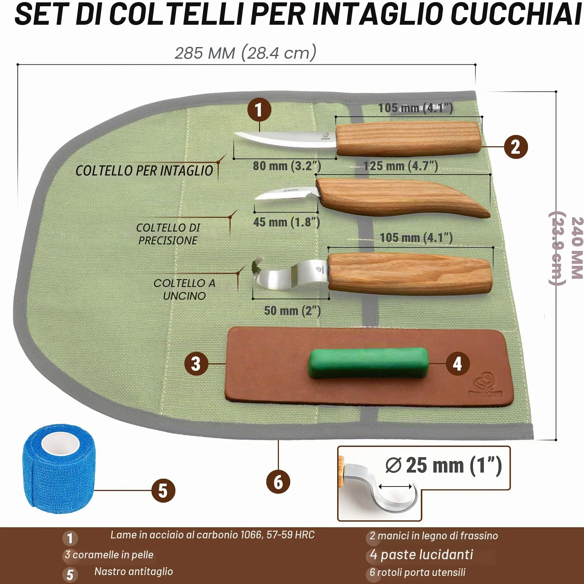 BeaverCraft S13 Kit per intaglio del legno con 3 coltelli - Set utensili per cucchiai, scultura e falegnameria, per principianti destrimani, con coltello a uncino