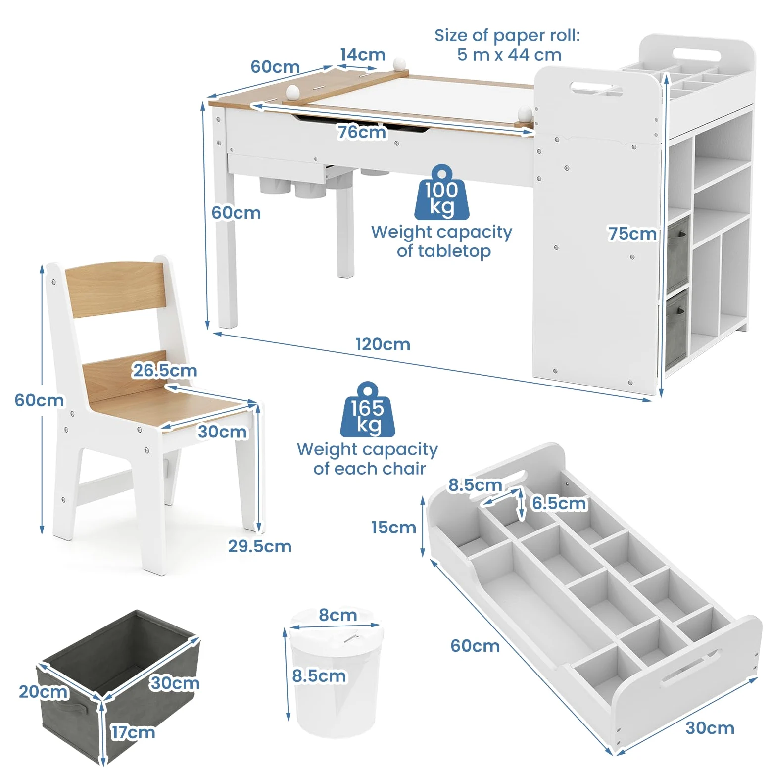 LIFEZEAL Tavolino Bambini, in Legno, con Sedia, Lavagna, Cavalletto, Scaffale per Giocattoli, Libreria, Porta Rotolo di Carta, Tavolo Bambini da Cameretta, Set per Bimbi 3+Anni, Naturale