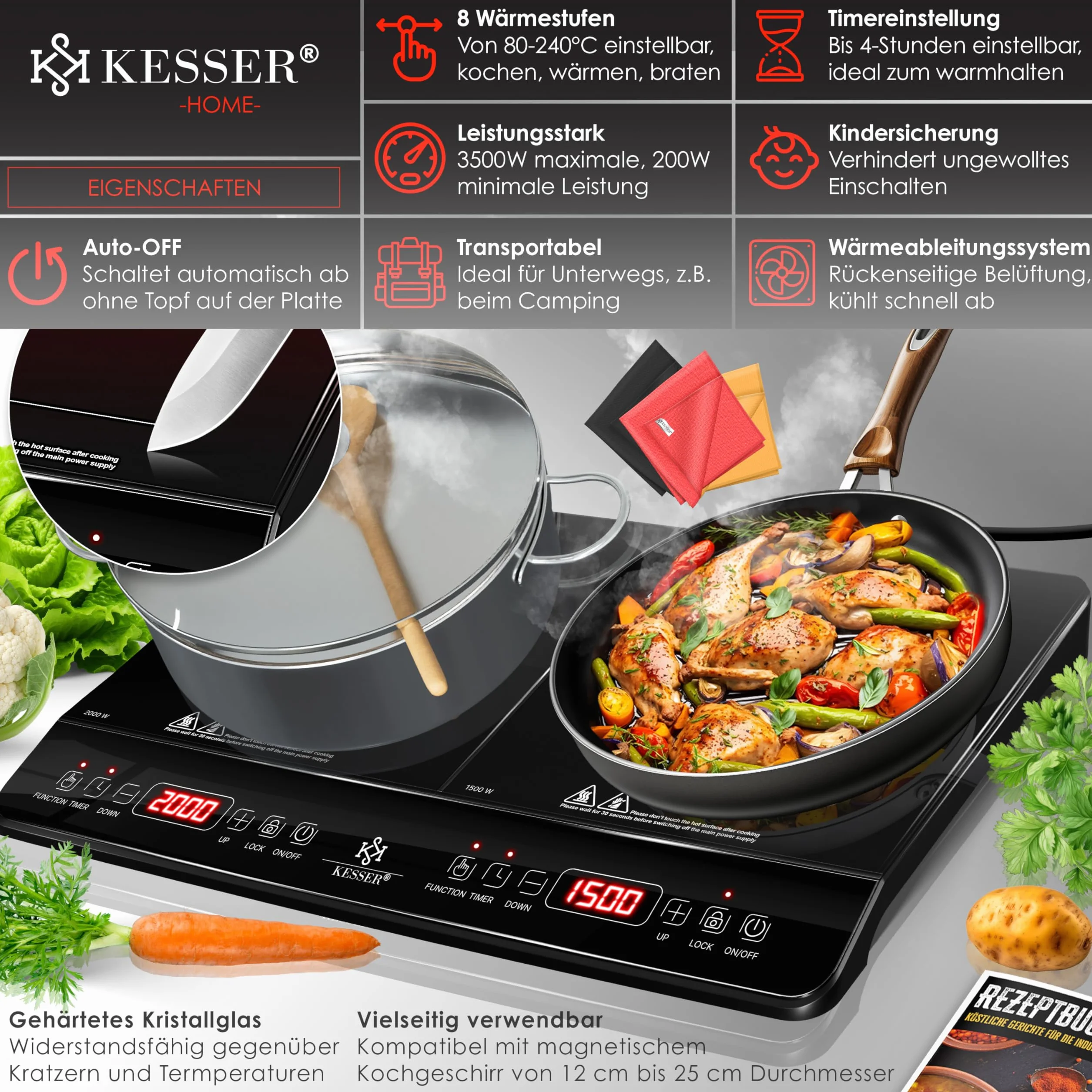 KESSER Piano cottura a induzione 2 piastre 3500W portatile 57 cm, 8 impostazioni calore, timer, touch control, booster