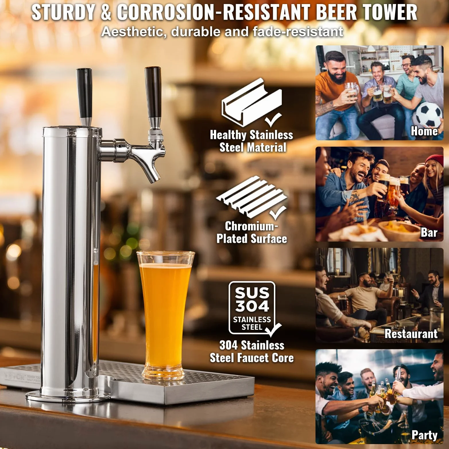 VEVOR Kit Spillatore Birra a Doppio Rubinetto, Dispenser Torre Birra per Fusti in Acciaio Inossidabile con Regolatore W21.8 Doppio Manometro e Accoppiatore Fusti S-System