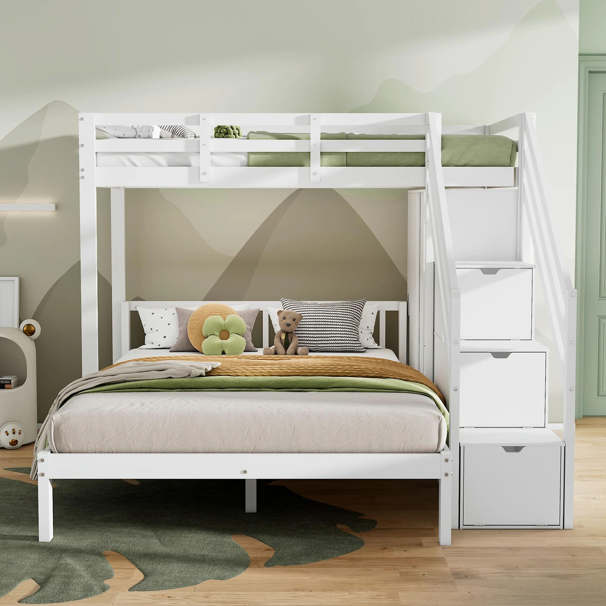 Letto a castello con guardaroba, letto a castello per bambini, 90 x 200 cm + 140 x 200 cm, multifunzione, con scaletta, grande spazio di archiviazione, senza materasso, bianco