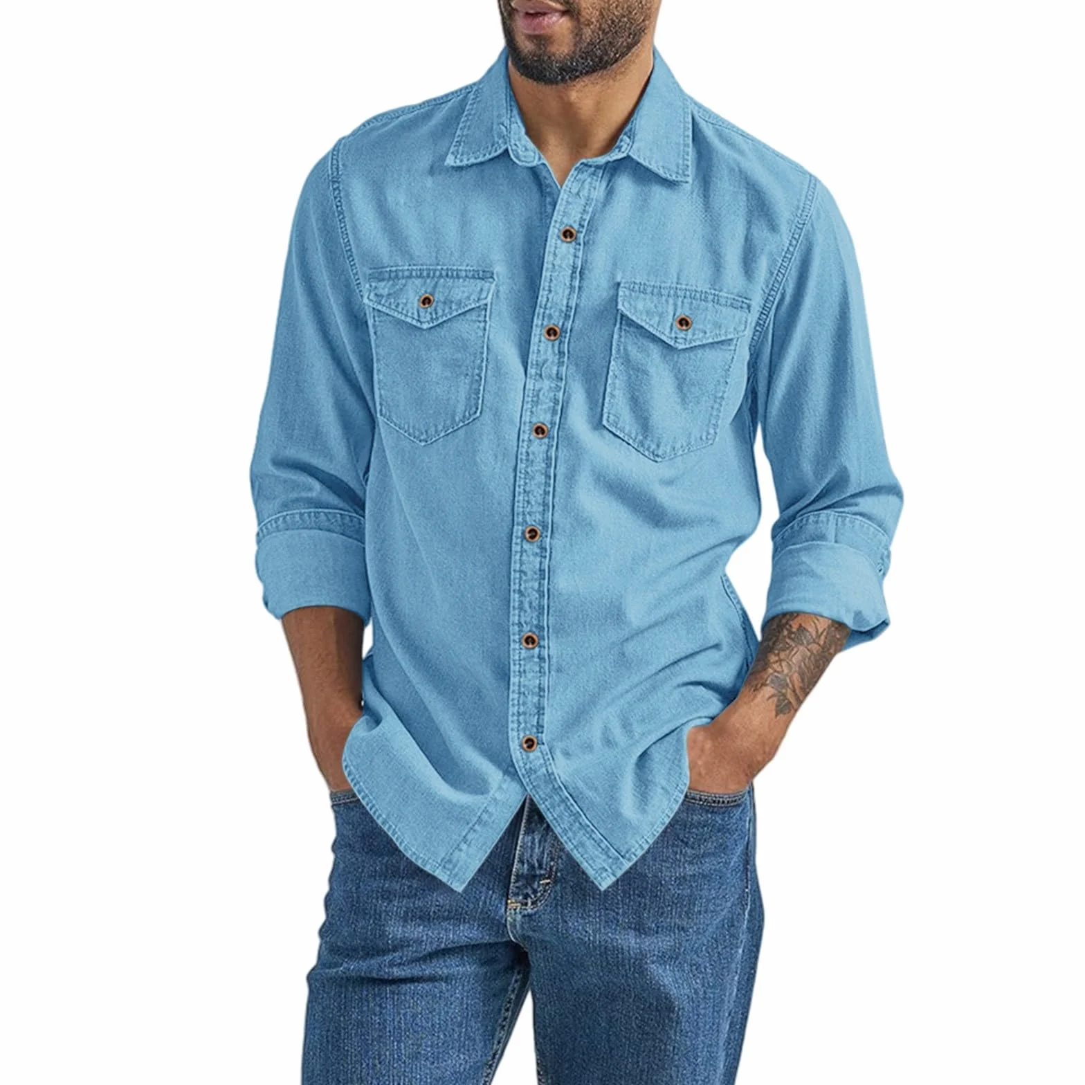 Camicia Jeans Uomo Maniche Lunghe Bottoni Tasche Fit Classico Lavoro Vintage Cowboy Western