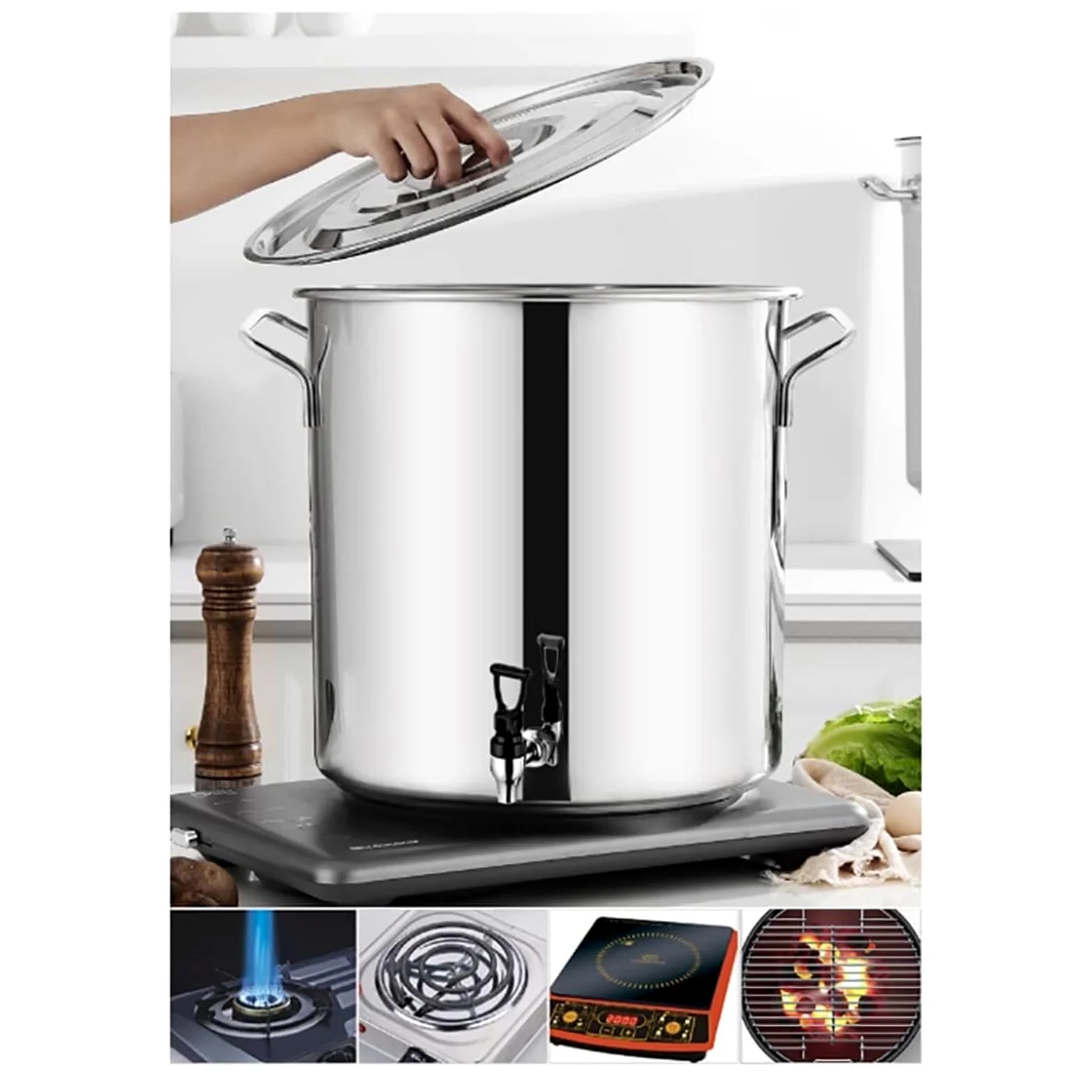 Pentola in acciaio inox con coperchio, fondo composito, capacità 5-90 l, ideale per cucinare e servire zuppe, lattina per latte addensato con rubinetto