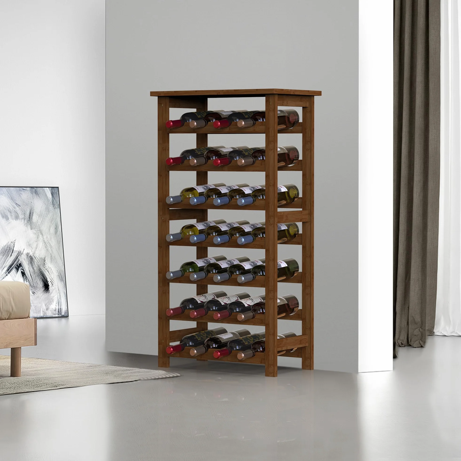 BAKAJI Cantinetta Portavino in Legno Bambù con 28 Scomparti per Vino Champagne, Portabottiglie da Terra, Cantina per Angolo Bar, Salotto, Cucina, Bistrot, Ristorante, 47 x 29 x 93.5 cm (Noce)