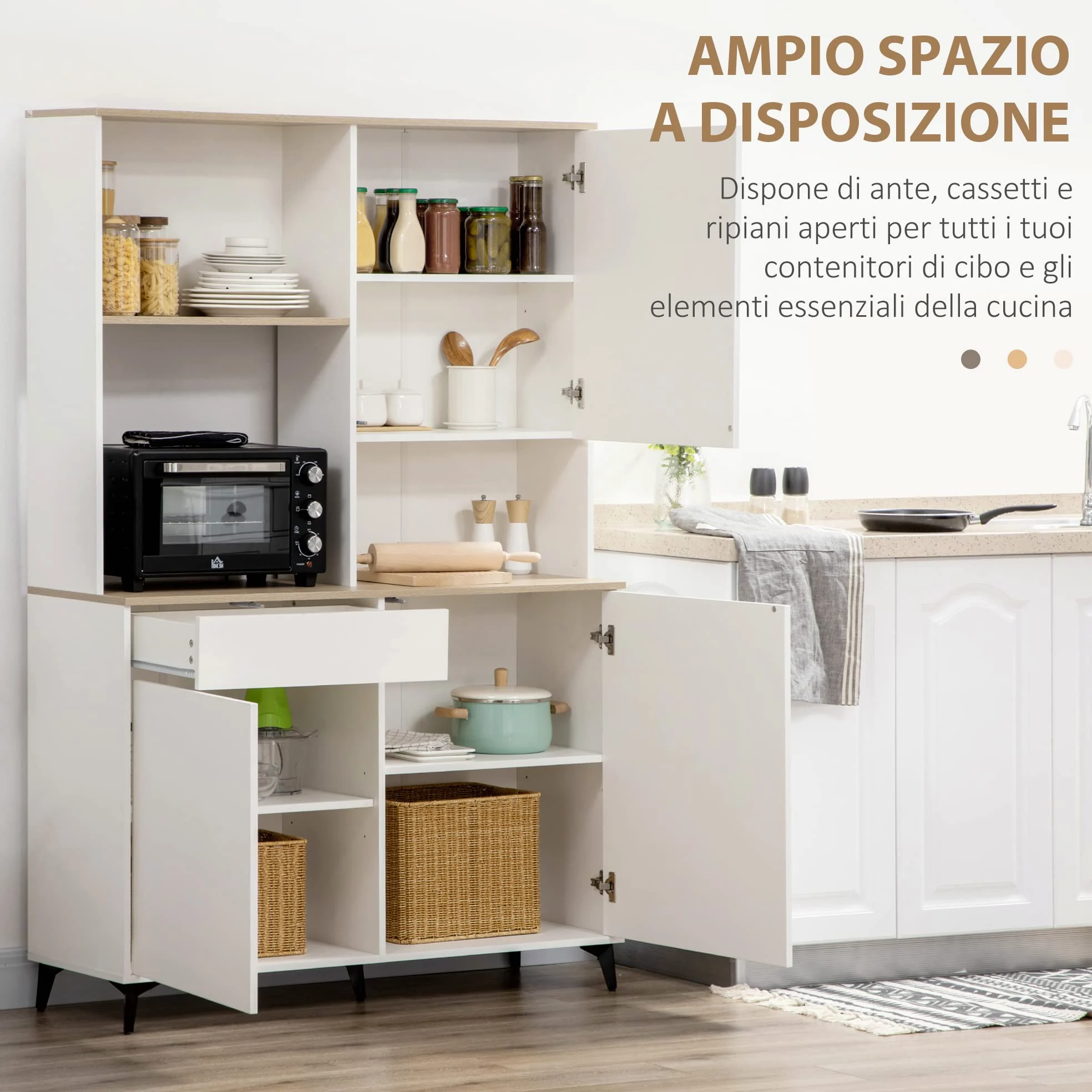 HOMCOM Dispensa Cucina in Truciolato e MDF con Ripiani Aperti, Armadietti e Cassetto per Utensili ed Elettrodomestici, 119x41x180 cm, Bianco
