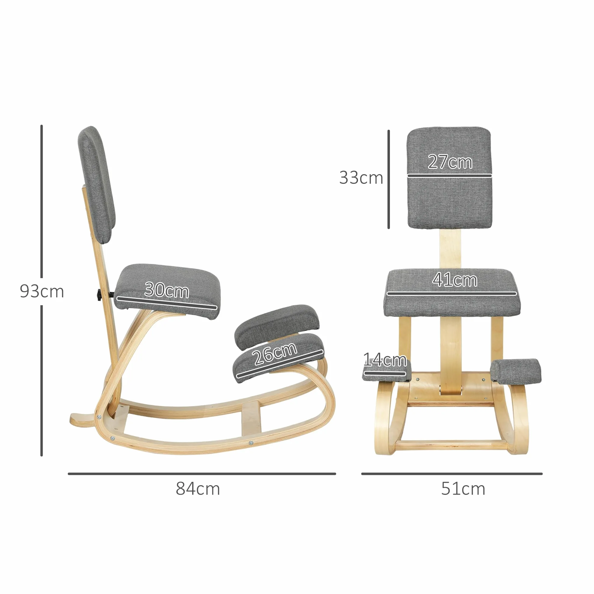HOMCOM Sedia Ergonomica a Inginocchiatoio con Movimento a Dondolo, Sedia Ergonomica Imbottita Posturale in Tessuto Effetto Lino e Legno di Betulla, 51x84x93 cm, Grigio
